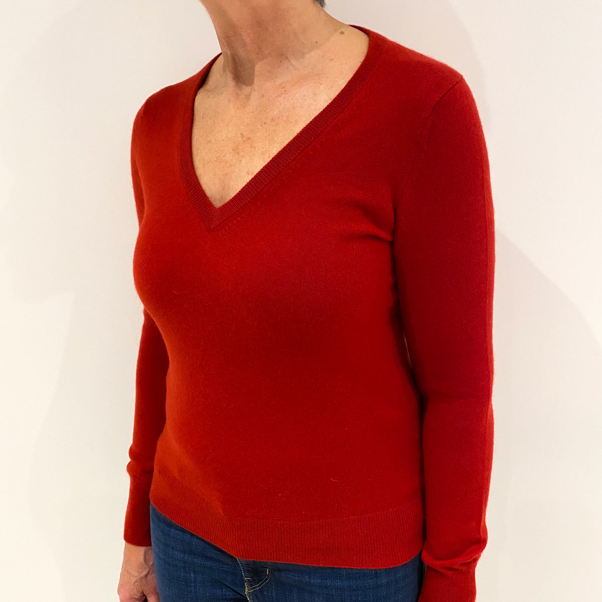 Scarlet Red Cashmere V Neck Jumper Medium