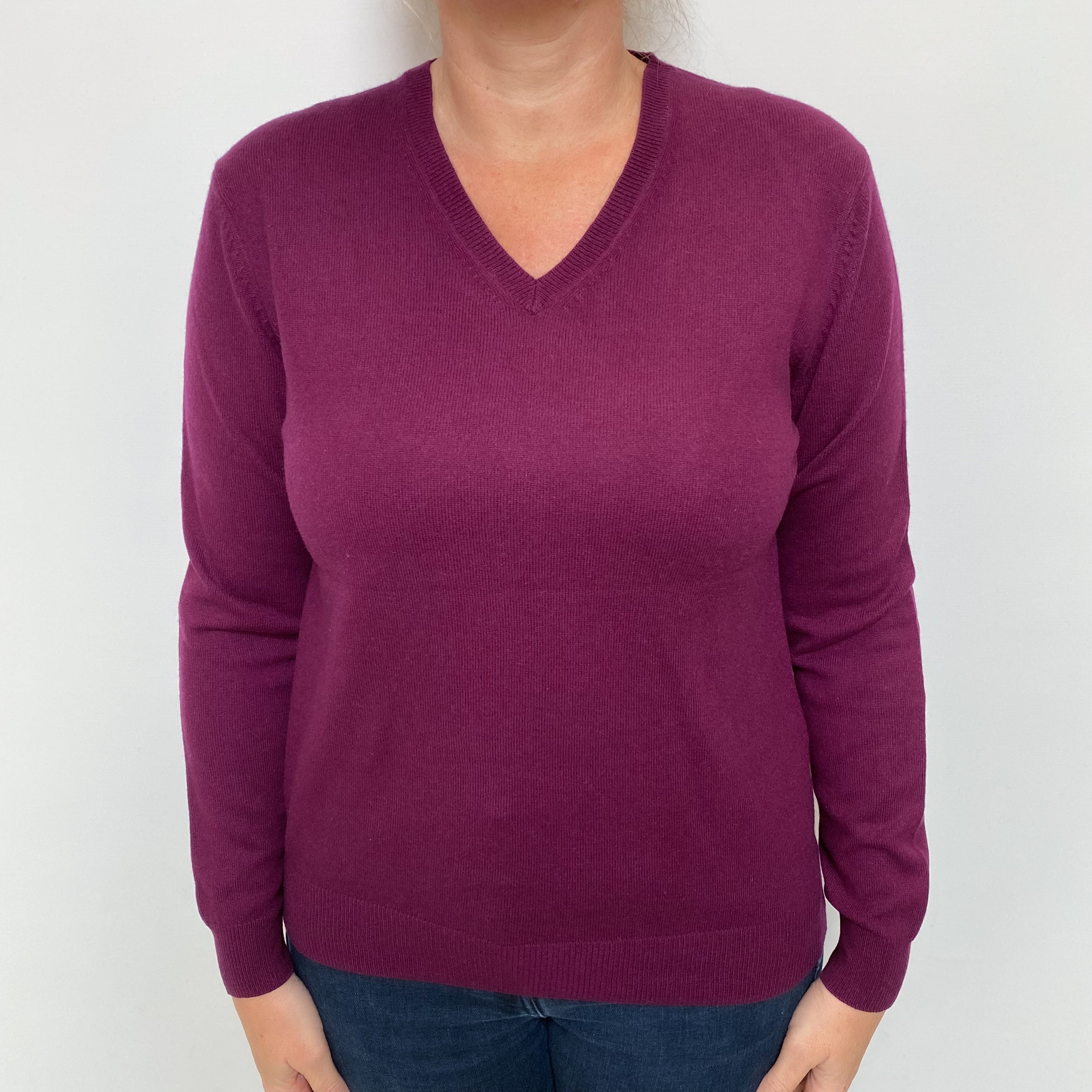 Plum Purple Cashmere V Neck Jumper Large