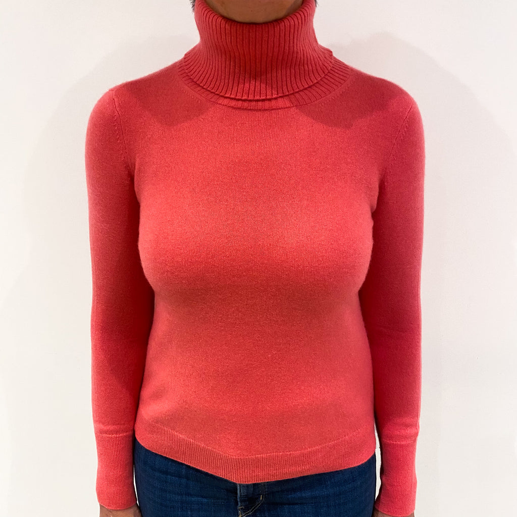 Deep Coral Pink Cashmere Polo Neck Jumper Medium