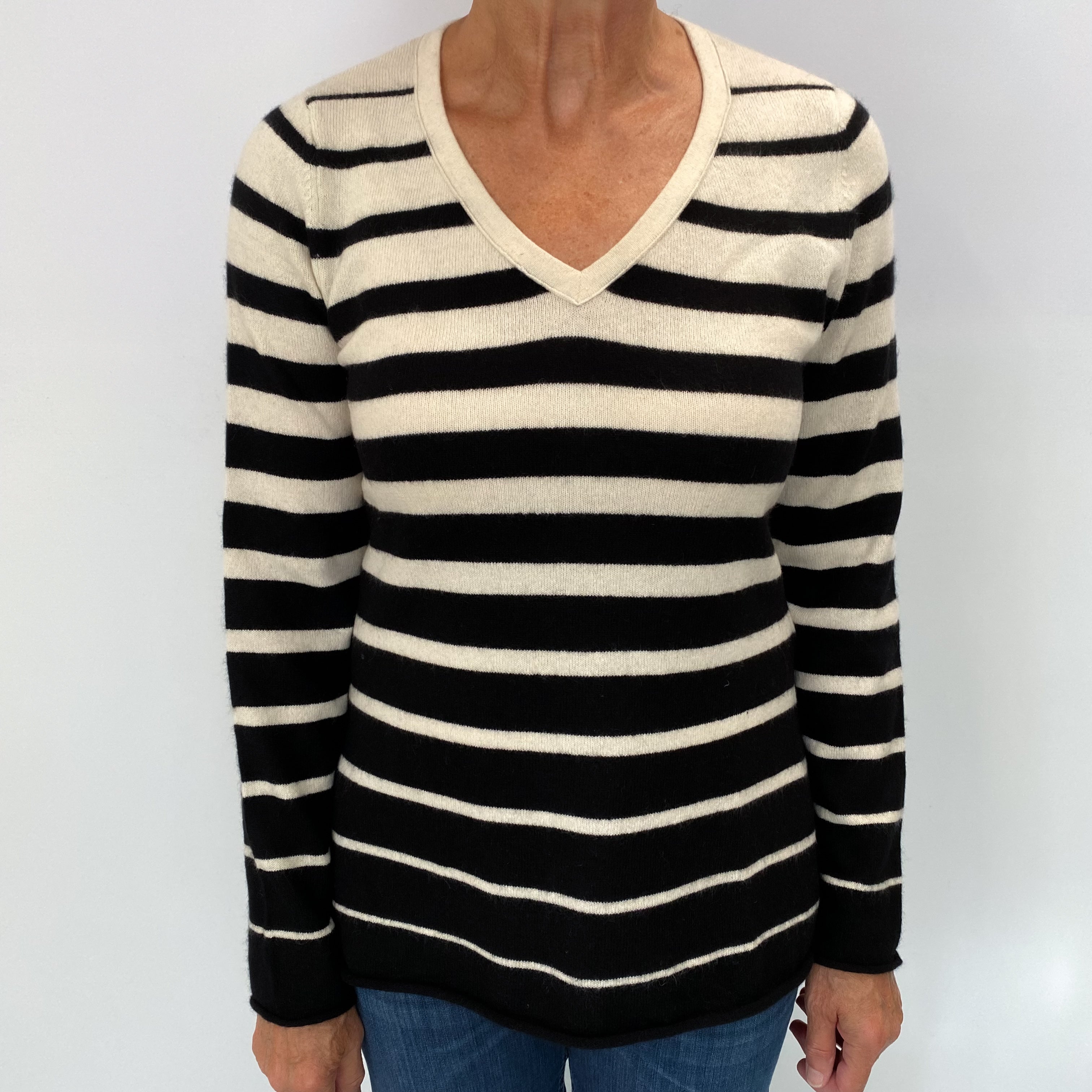 Black And Cream Striped Cashmere V Neck Jumper Medium