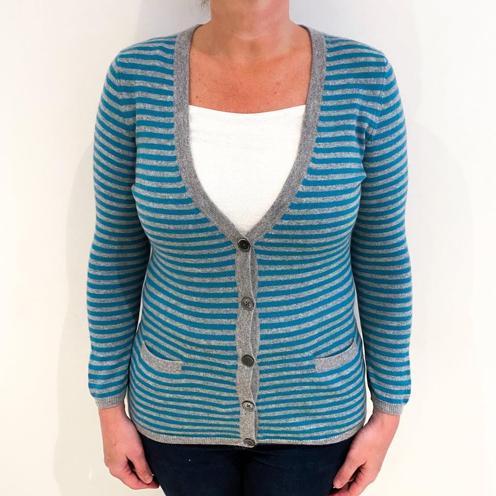 Turquoise And Grey Stripe Cashmere V Neck Cardigan Large