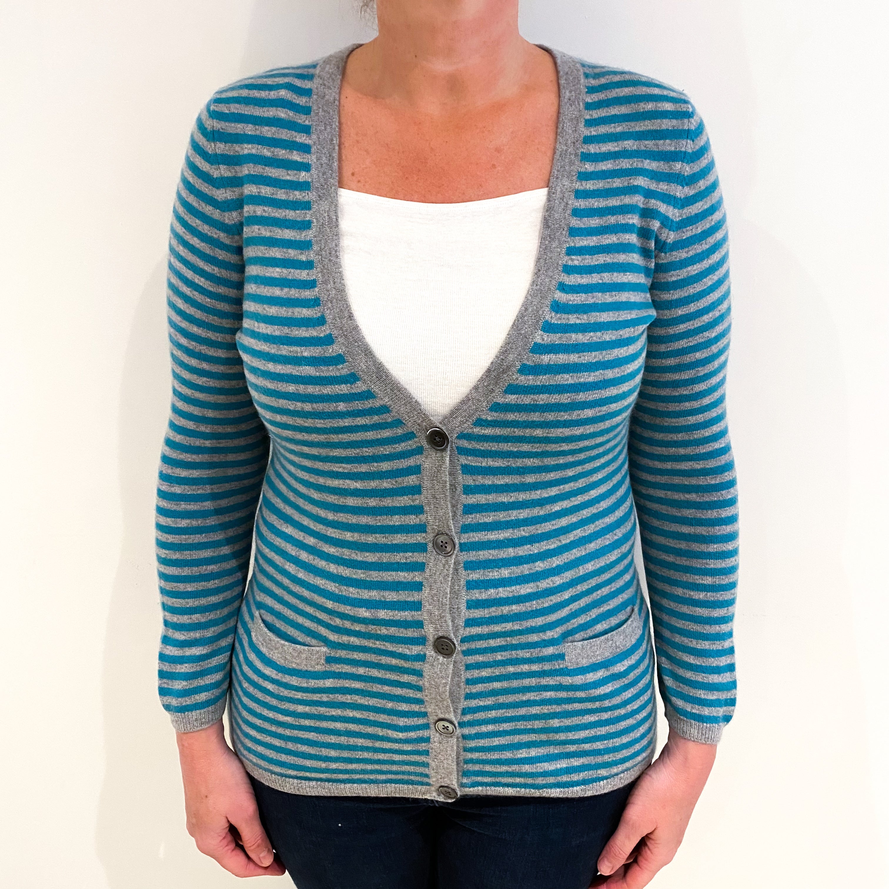 Turquoise And Grey Stripe Cashmere V Neck Cardigan Large