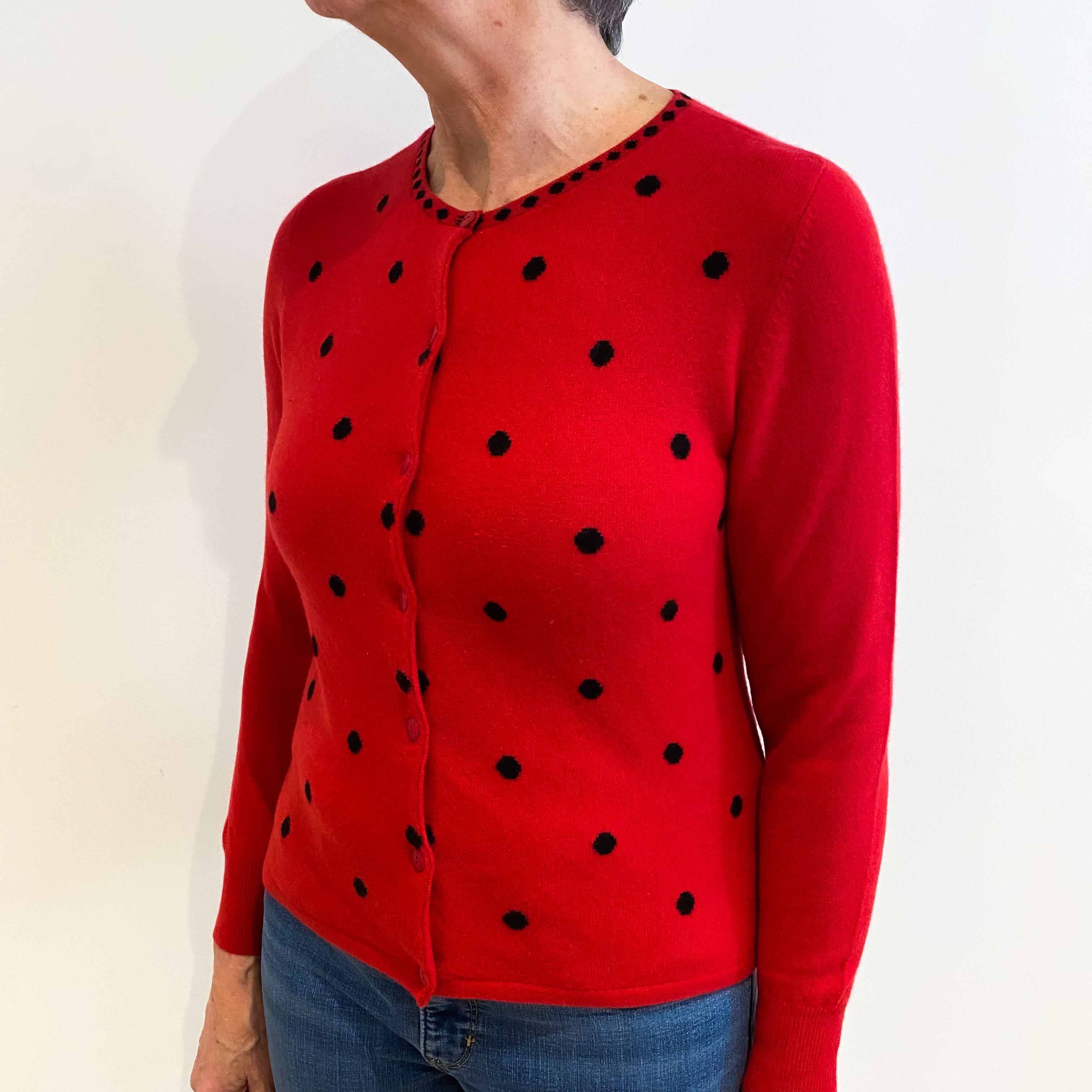 Red And Black Spotted Cashmere Cardigan Medium