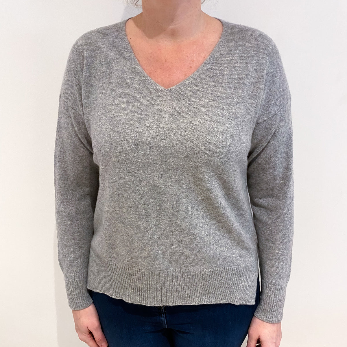 Smoke Grey Boxy Cashmere V Neck Jumper Large