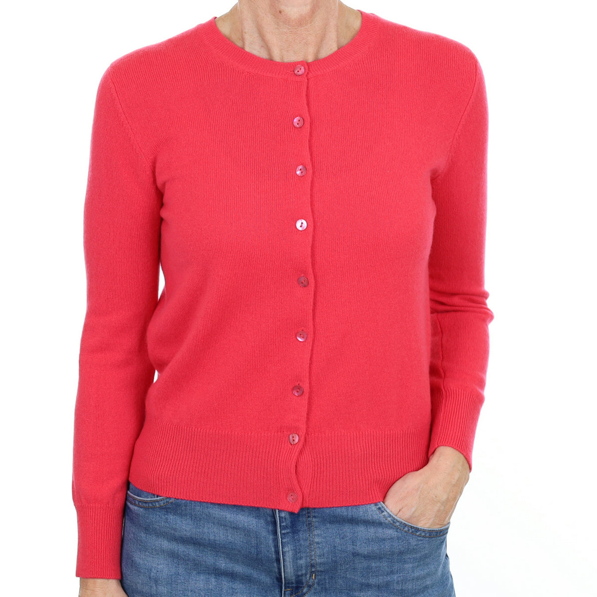 New Cranberry Pink Cashmere Crew Neck Cardigan Small