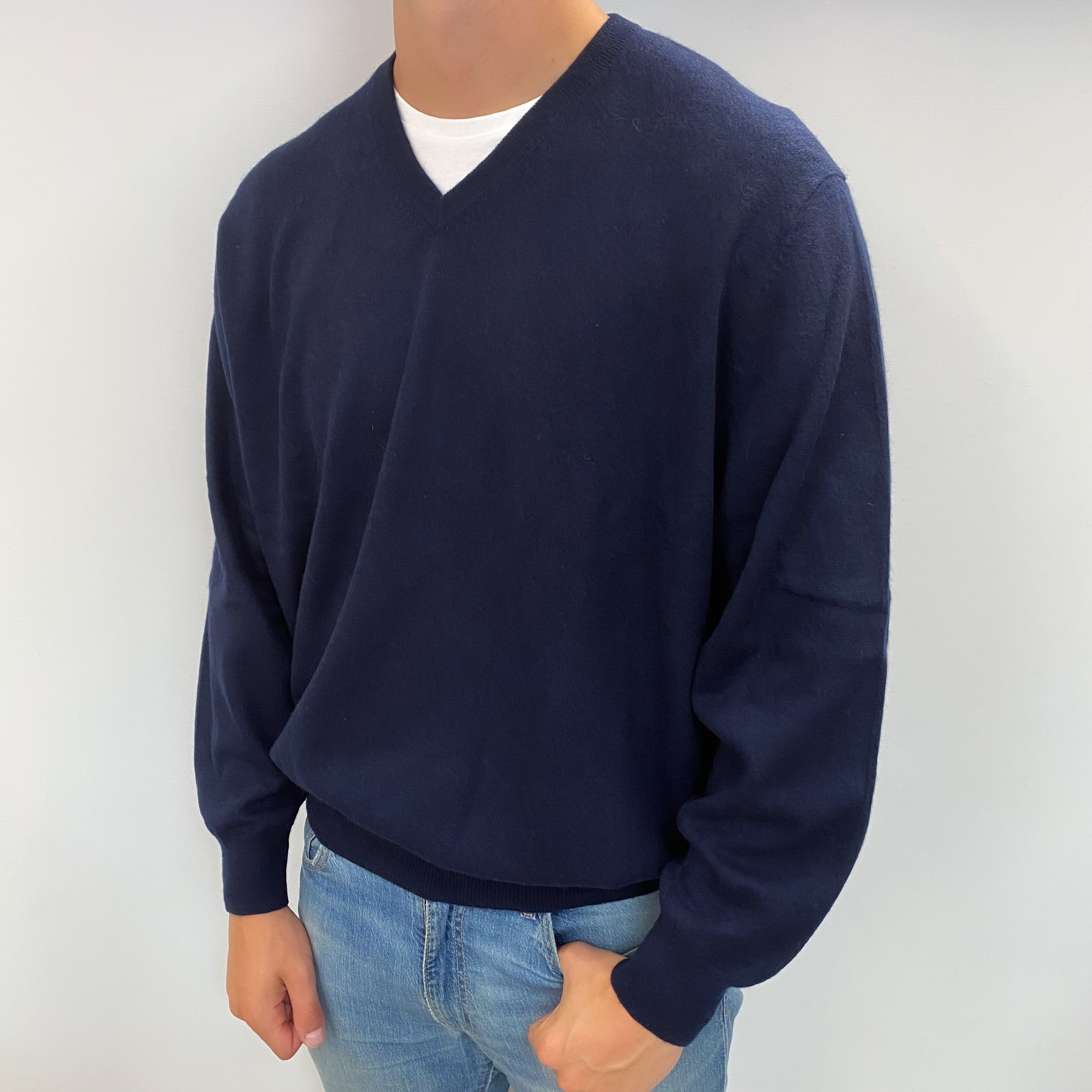 Men's Navy Blue Cashmere V Neck Jumper XXL