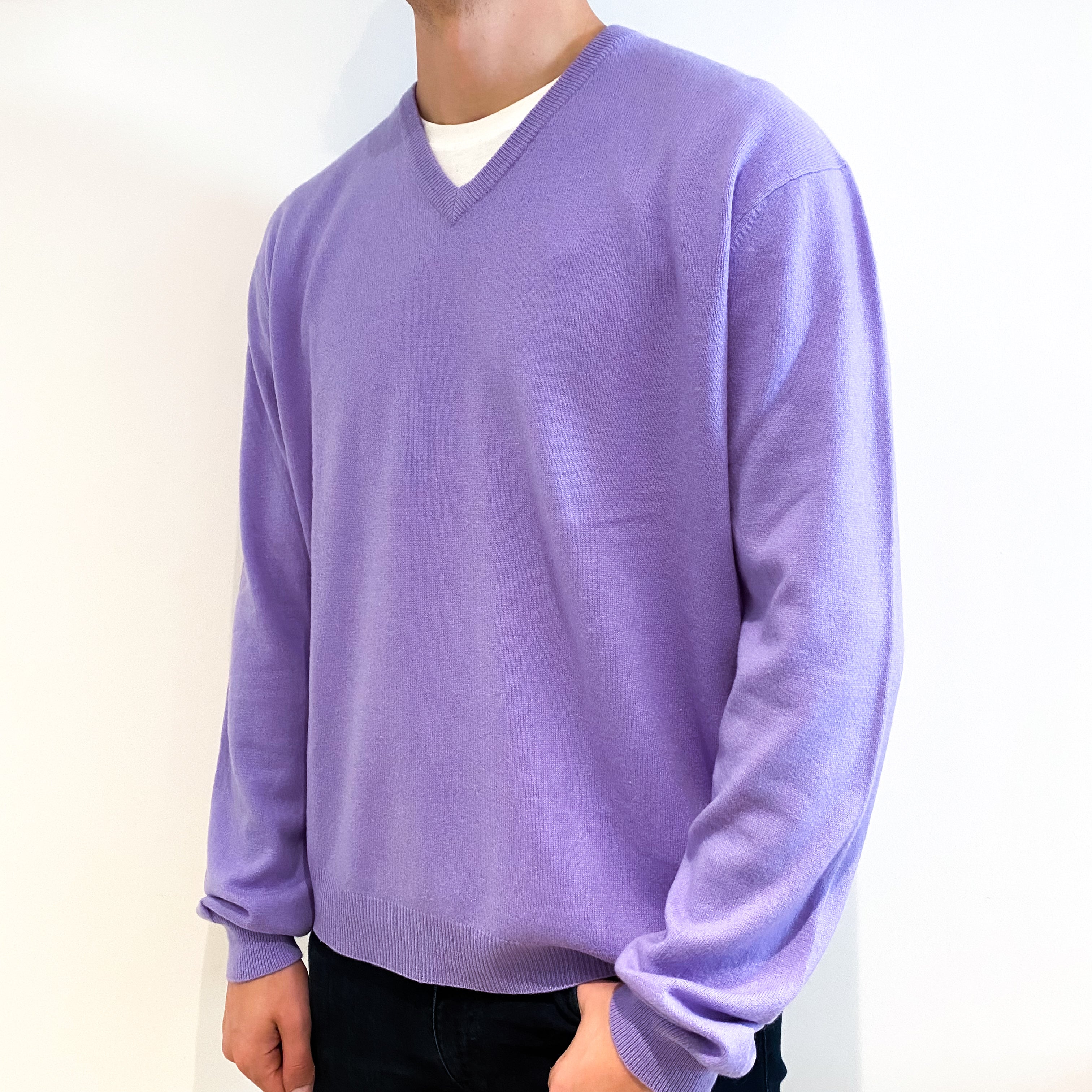 Men's Lavender Purple Cashmere V-Neck Jumper Extra Extra Large