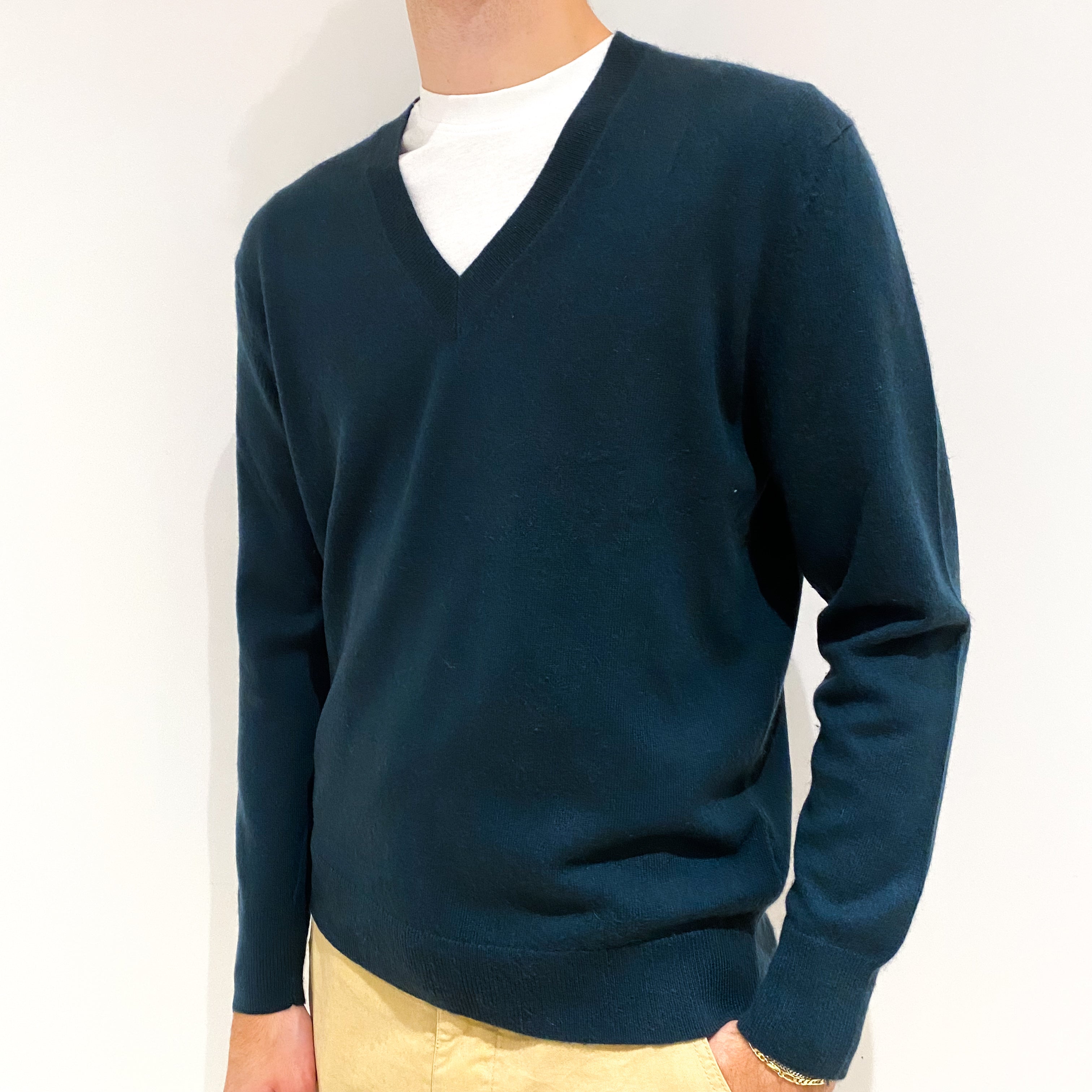 Men's Bottle Green Cashmere V-Neck Jumper Large