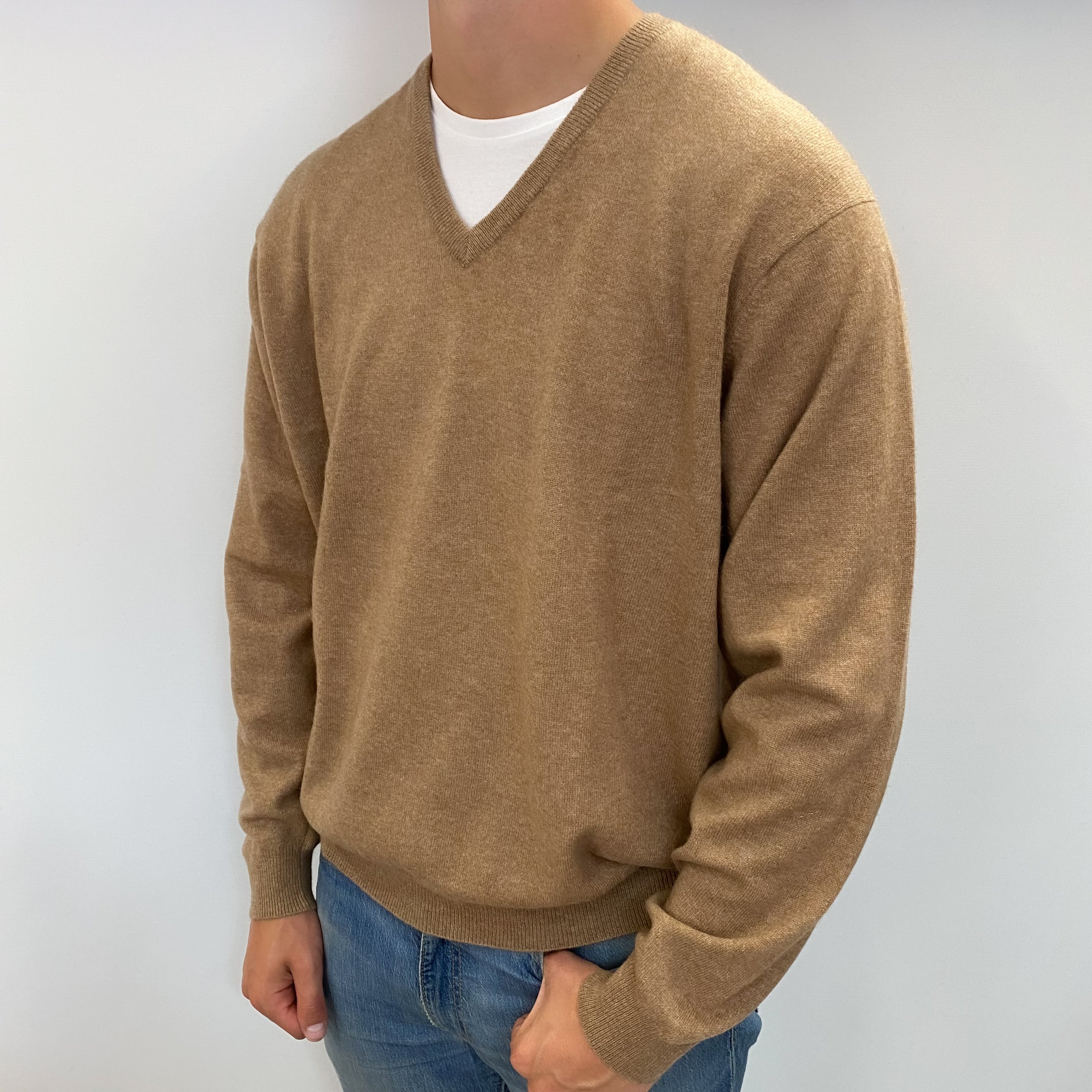 Men's Caramel Brown Cashmere V Neck Jumper XXL