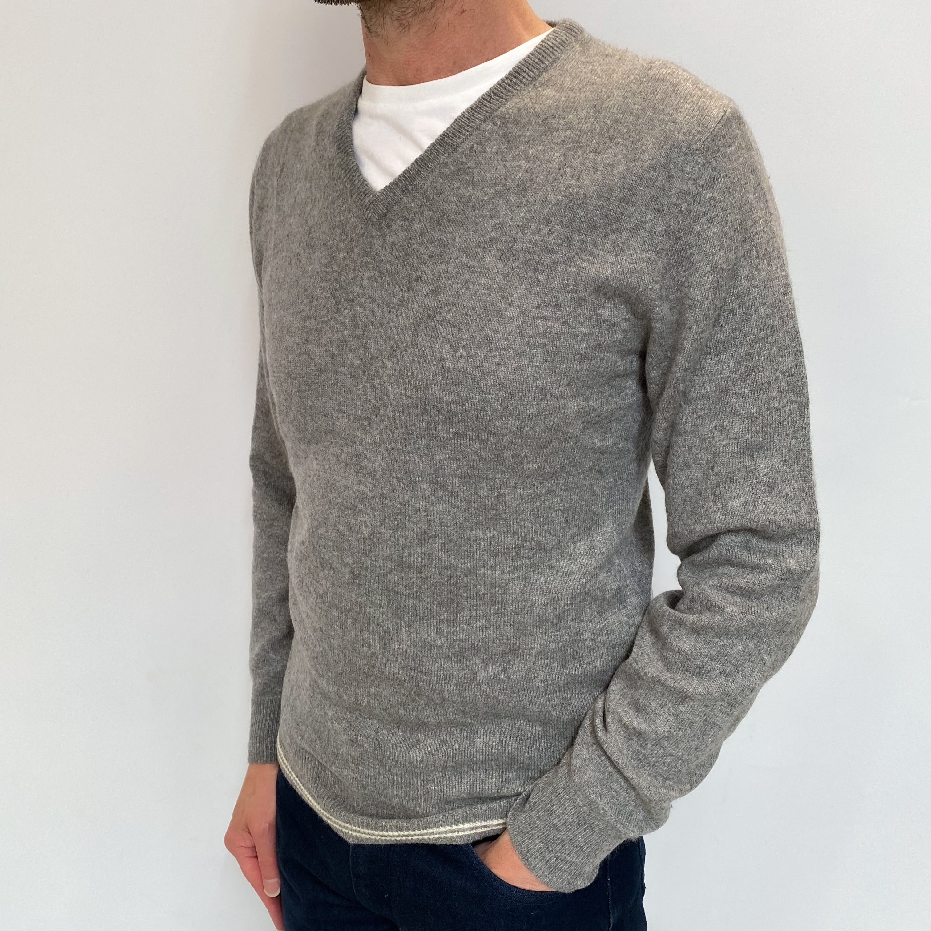 Men's Ash Grey Cashmere V Neck Jumper Small