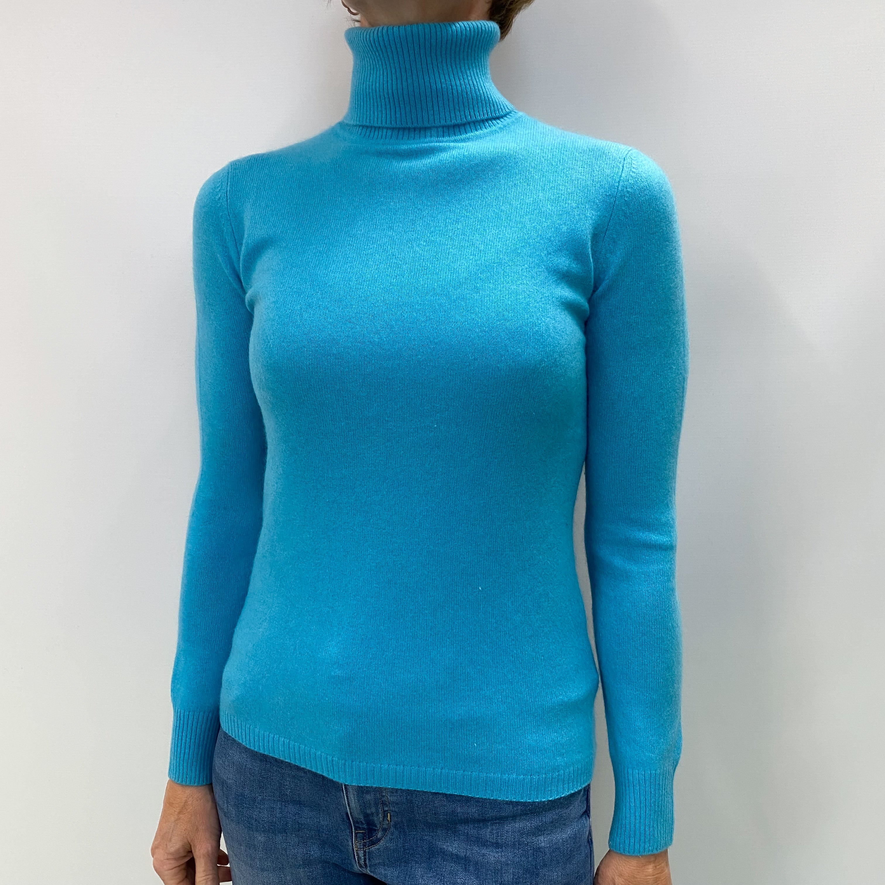 Aquamarine Blue Cashmere Polo Neck Jumper Small