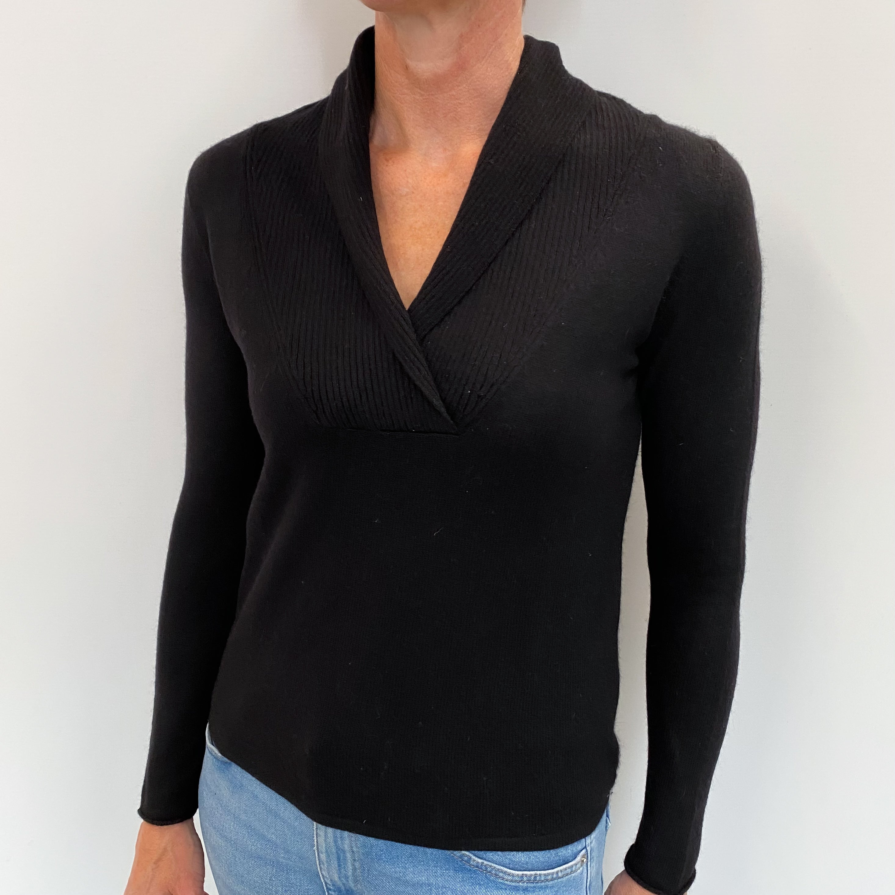 Black Cashmere Shawl V Neck Jumper Small