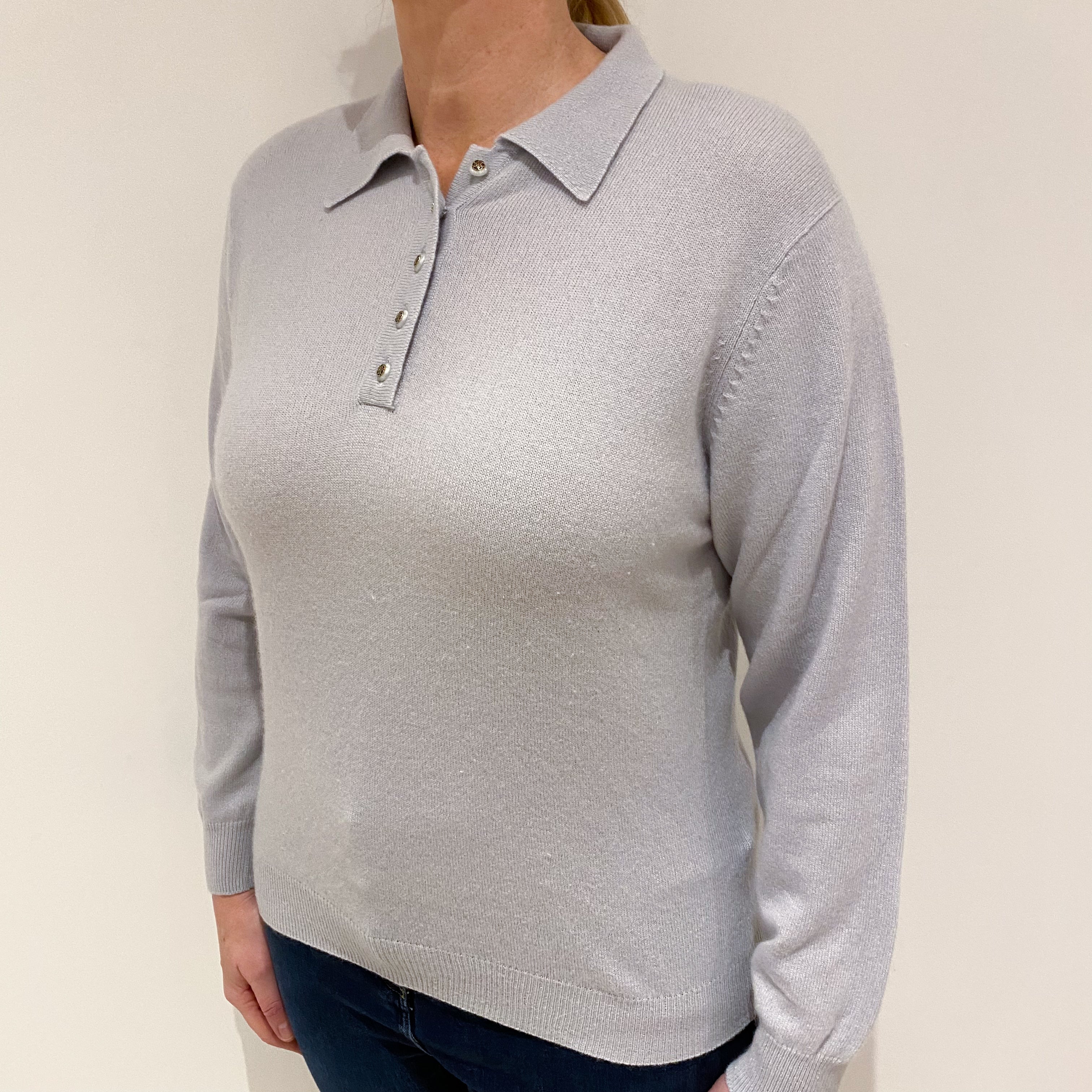Frosty Blue Grey Cashmere Collared 1/4 Button Jumper Large