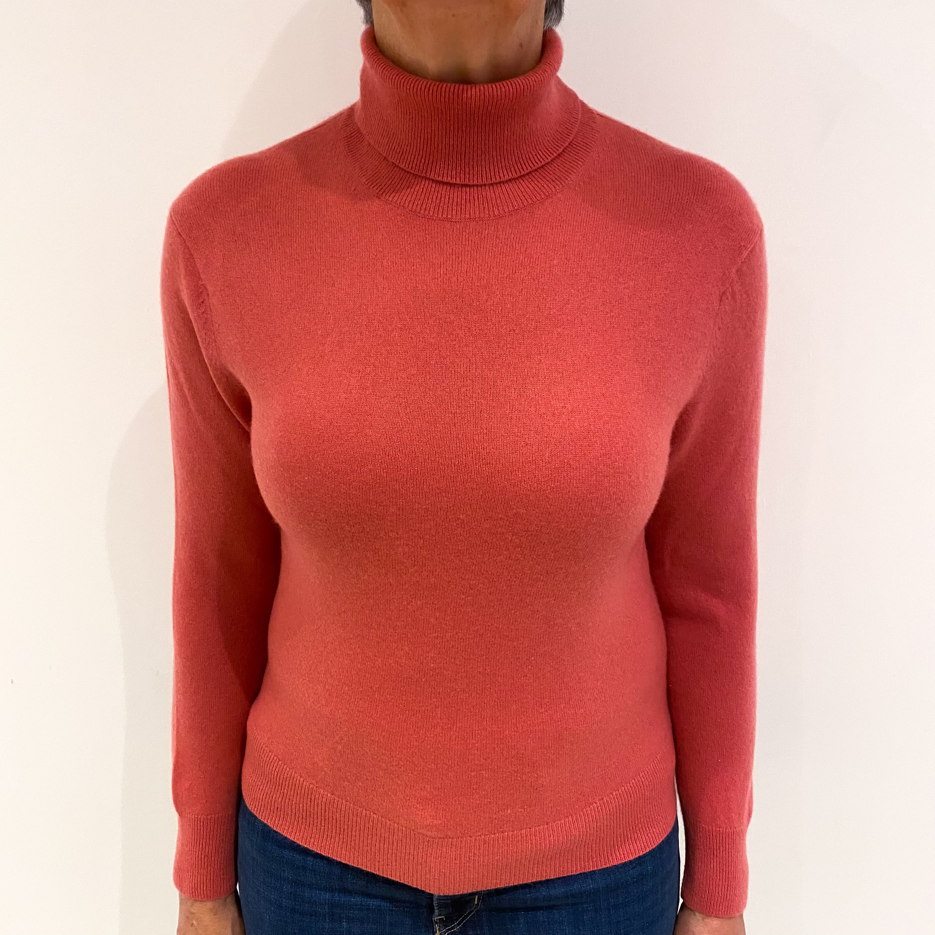 Deep Flamingo Pink Cashmere Polo Neck Jumper Medium