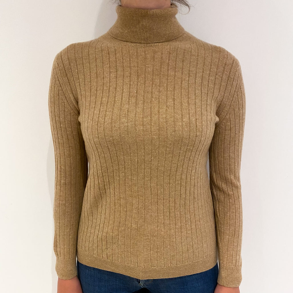 Caramel Brown Rib Cashmere Polo Neck Jumper Small