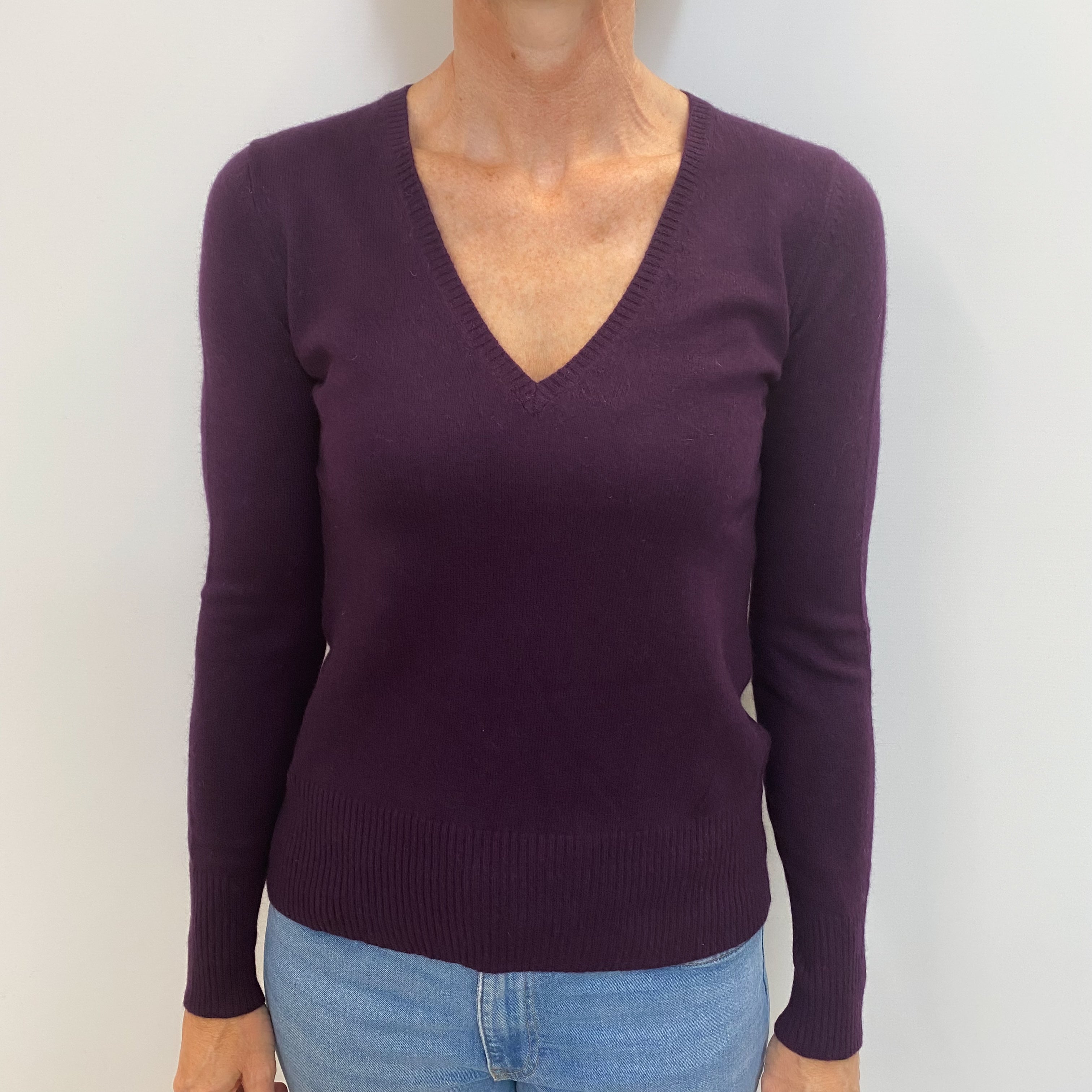 Aubergine Purple Cashmere V Neck Jumper Small