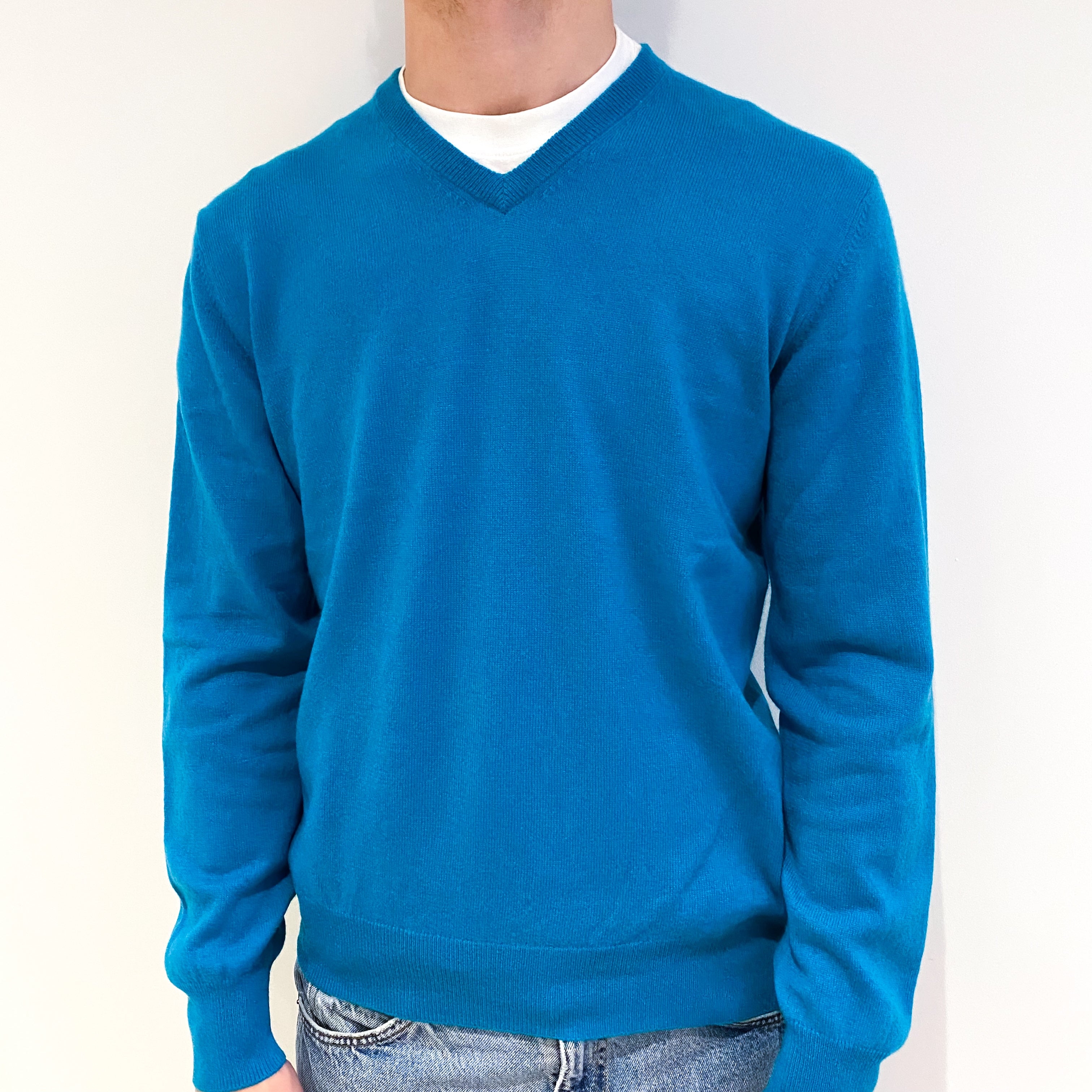 Men's Turquoise Green Cashmere V-Neck Jumper Medium
