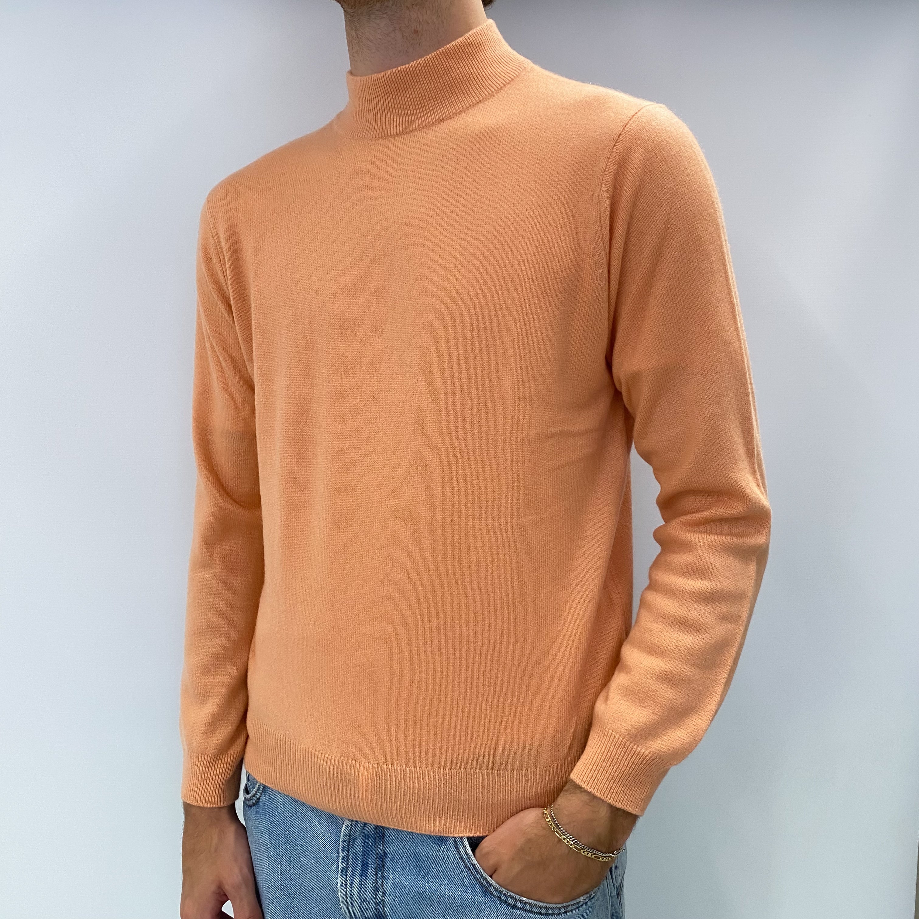 Men's Peach Orange Cashmere Turtle Neck Jumper Medium