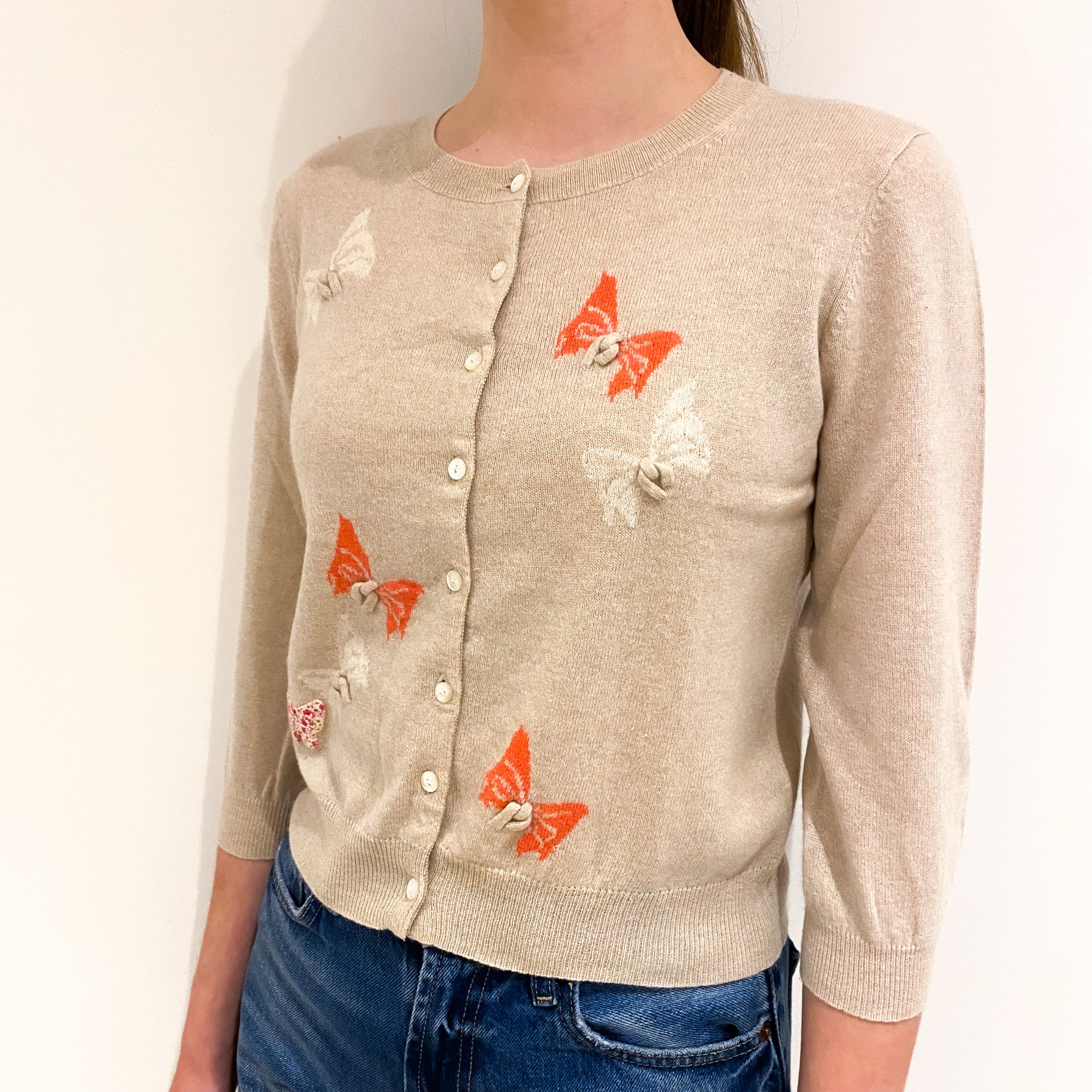 Honey Beige Butterfly Patterned Cashmere Crew Neck Cardigan Extra Small