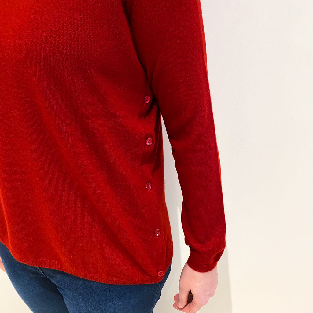 Crimson Red Cashmere Side Button V Neck Jumper Large