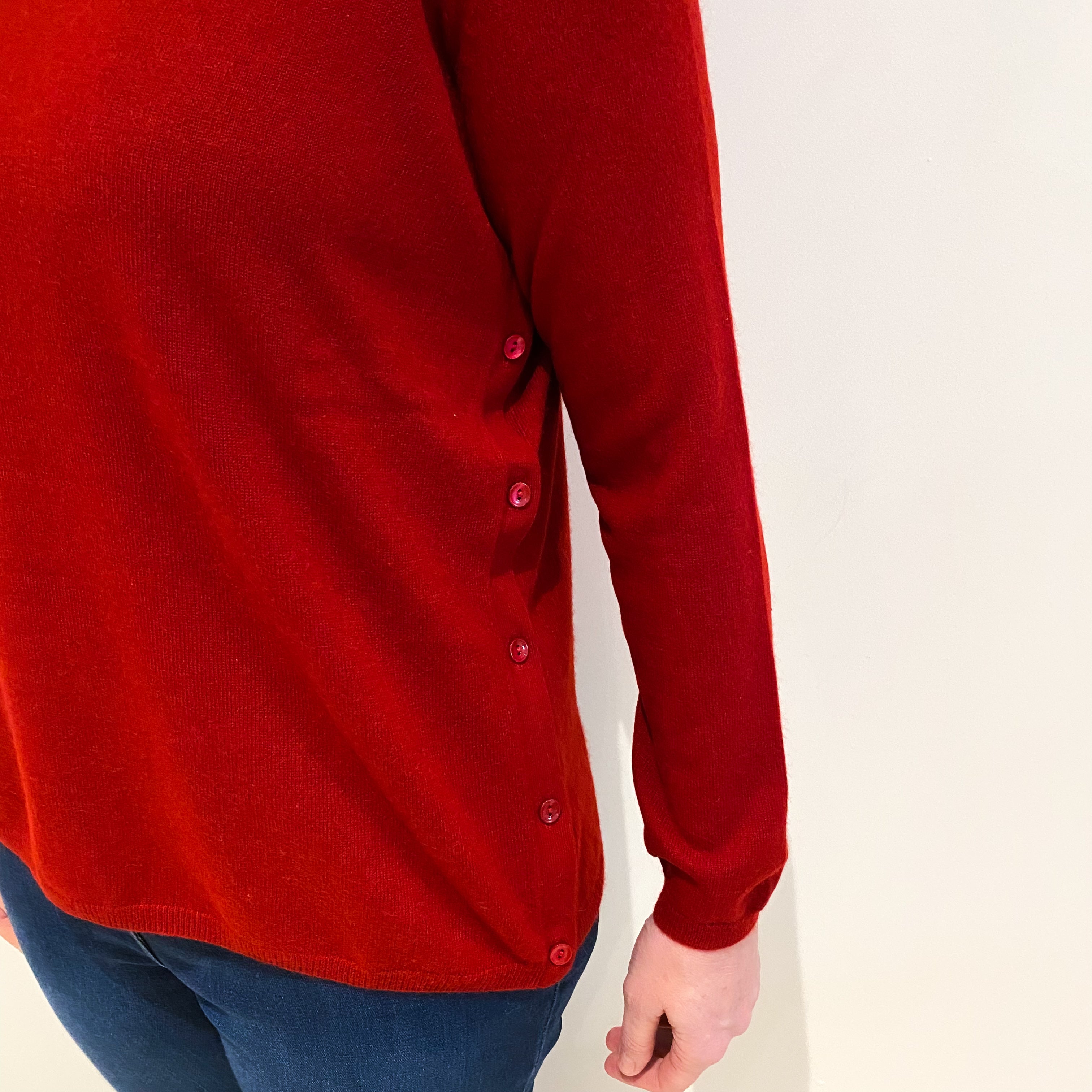 Crimson Red Cashmere Side Button V Neck Jumper Large
