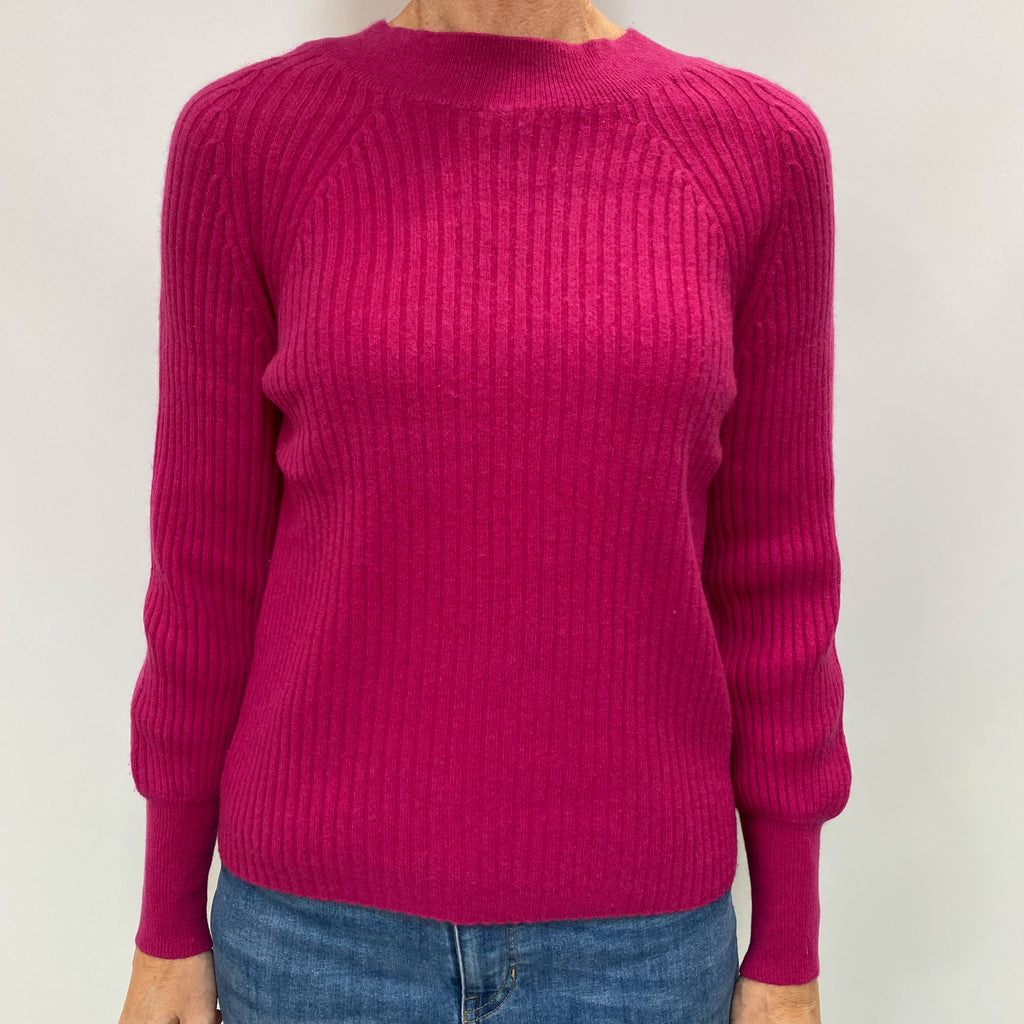 Fuchsia Pink Cashmere Turtle Neck Ribbed Knit Jumper Small