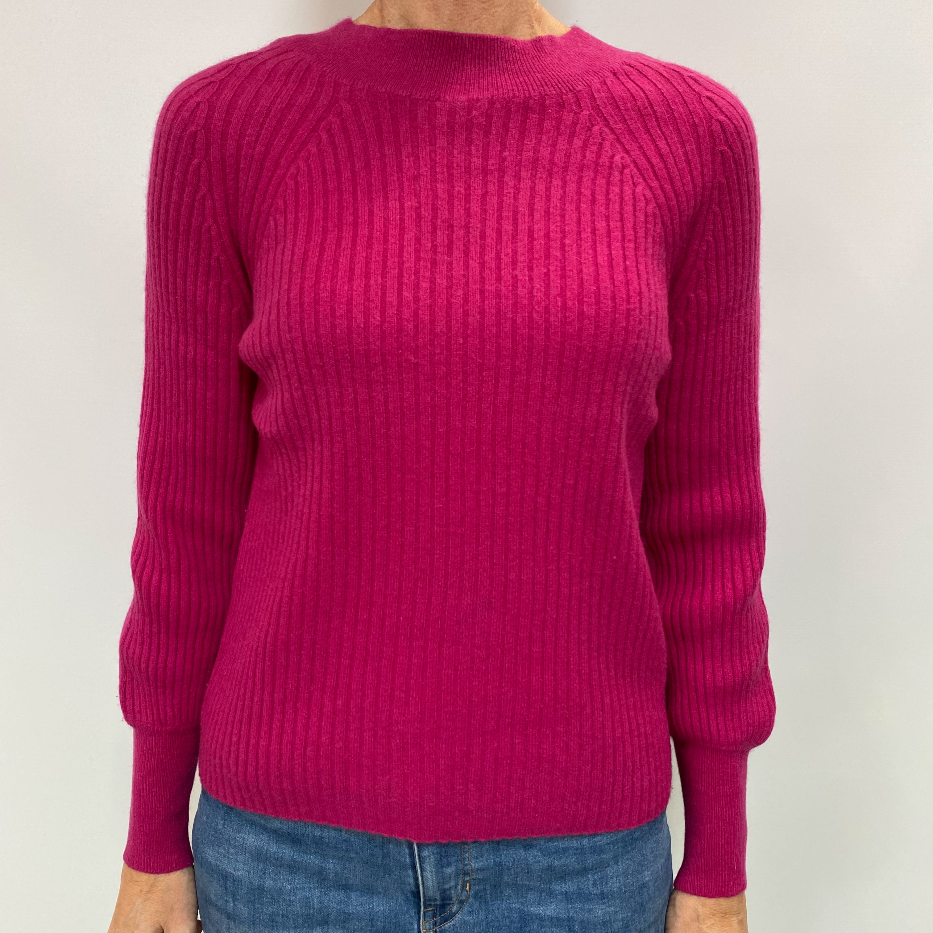 Fuchsia Pink Cashmere Turtle Neck Ribbed Knit Jumper Small