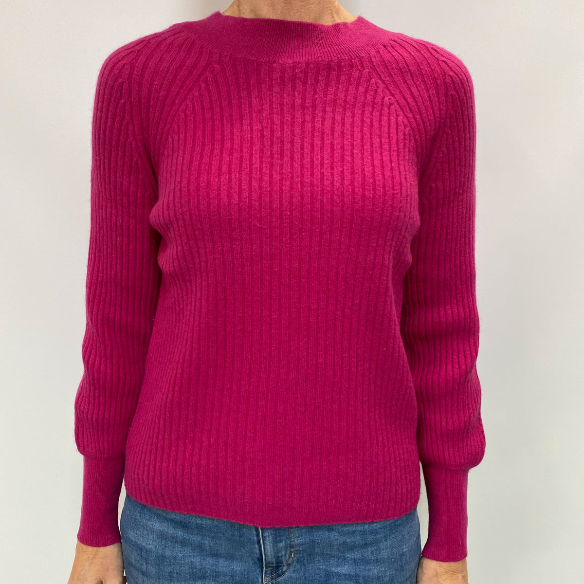 Fuchsia Pink Cashmere Turtle Neck Ribbed Knit Jumper Small