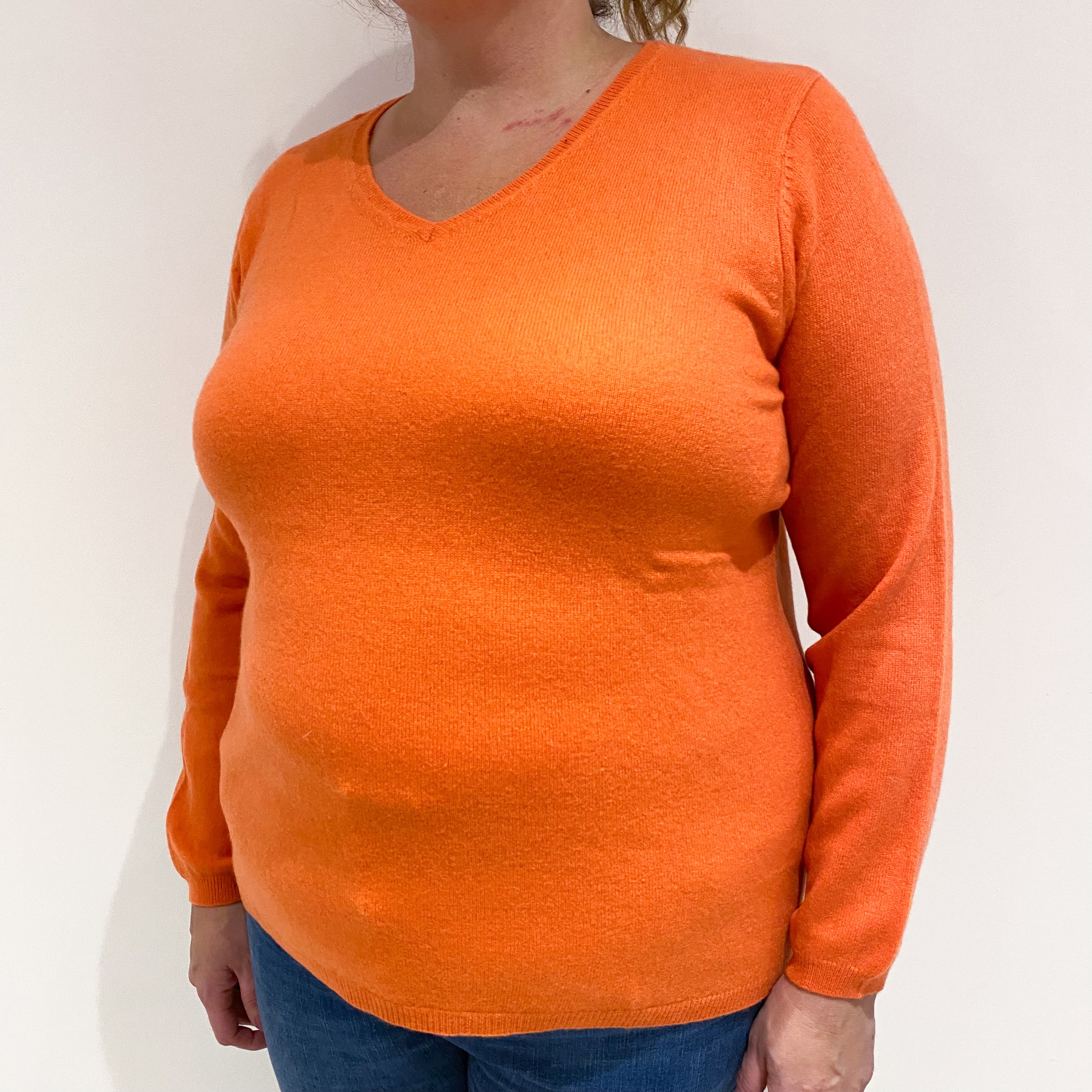 Tangerine Orange Cashmere V-Neck Jumper Extra Large