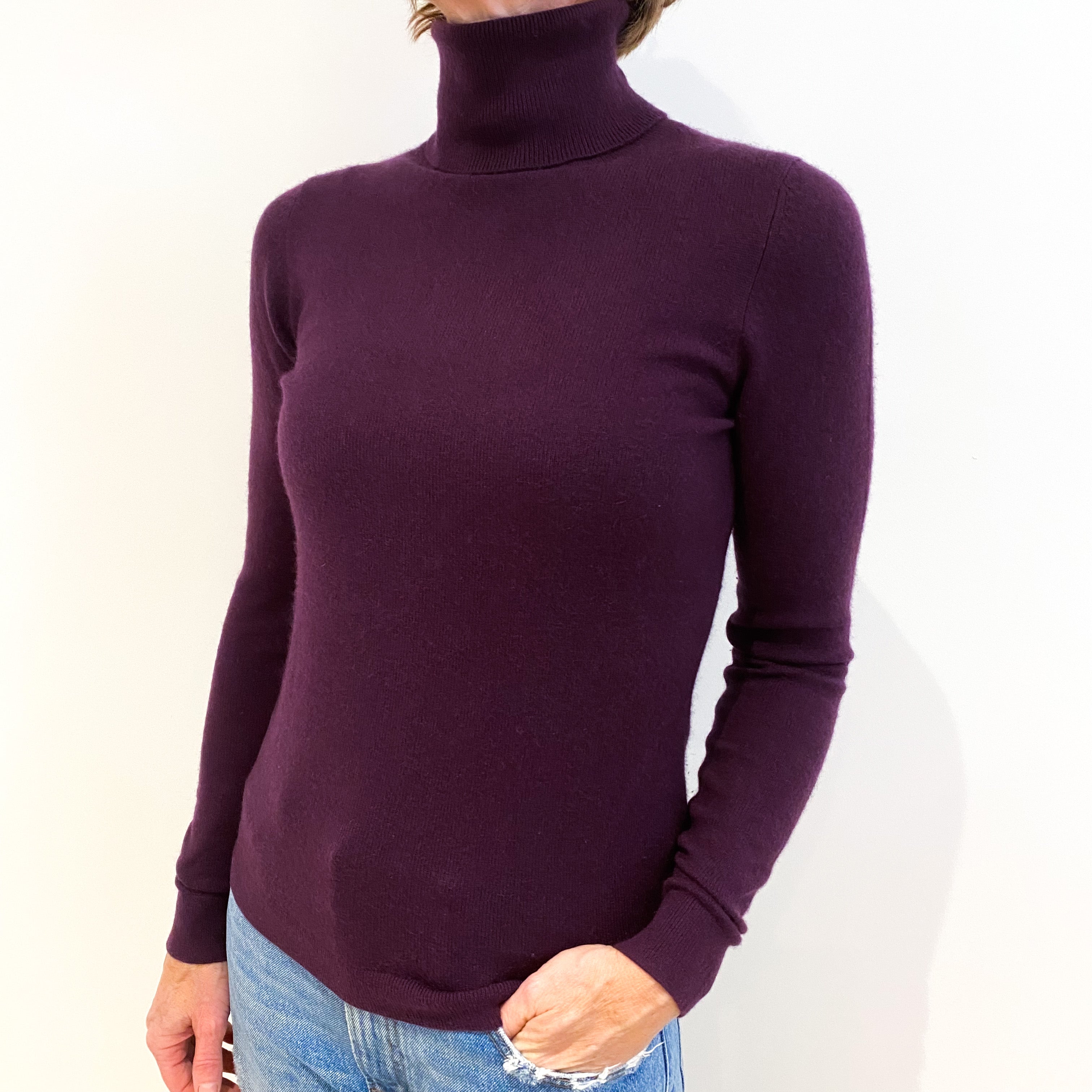 Aubergine Purple Cashmere Polo Neck Jumper Small