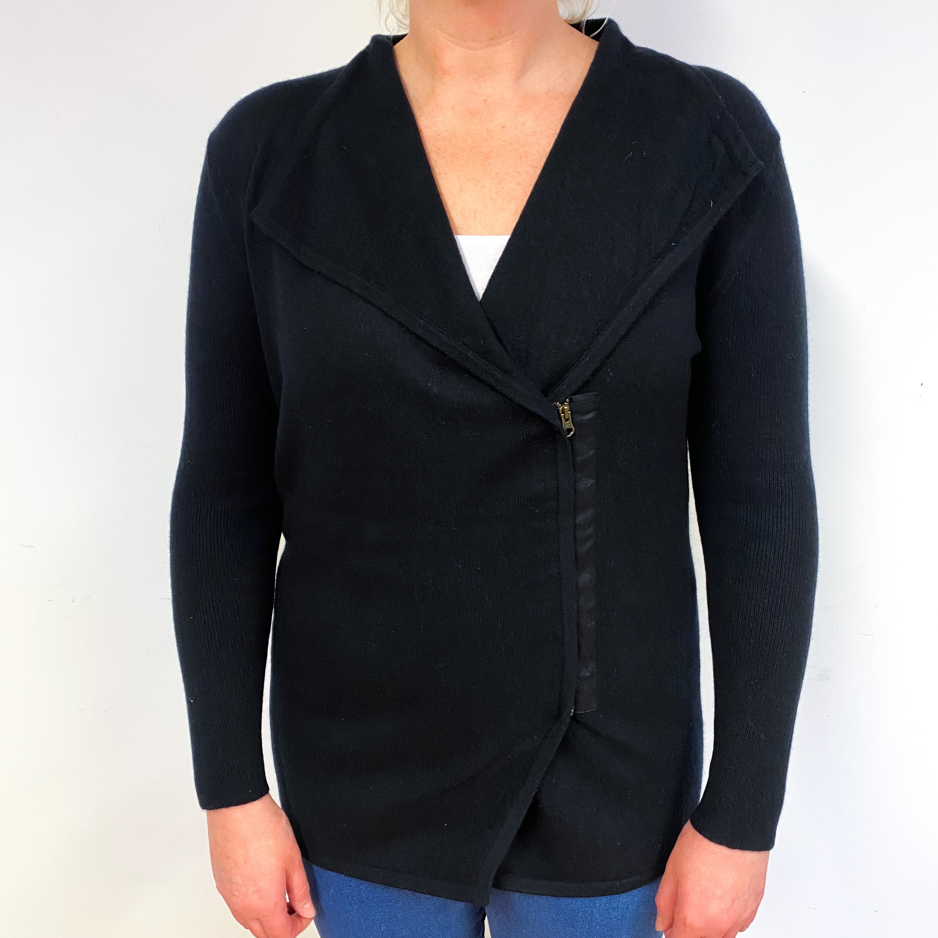 Black Cashmere Zip Front Cardigan with Collar Large