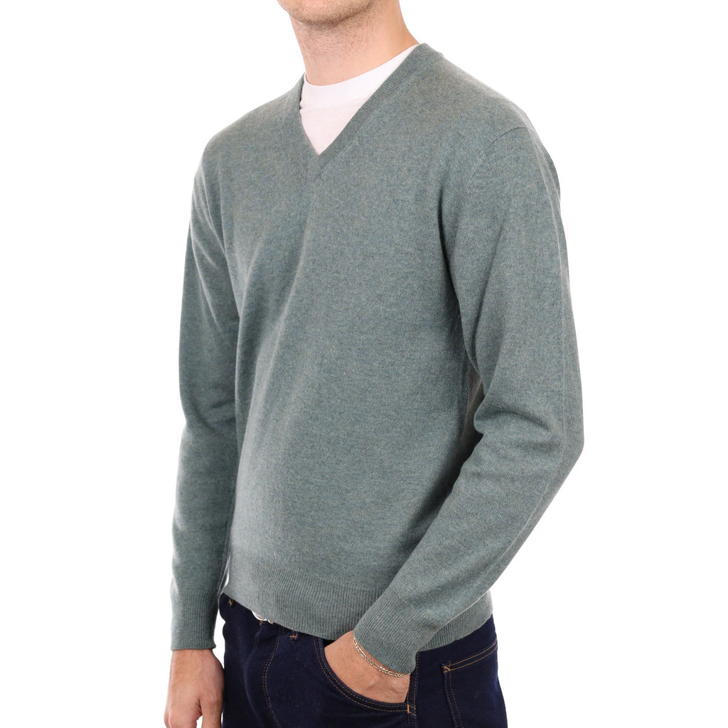 Men's Everglade Green Cashmere V Neck Jumper Medium