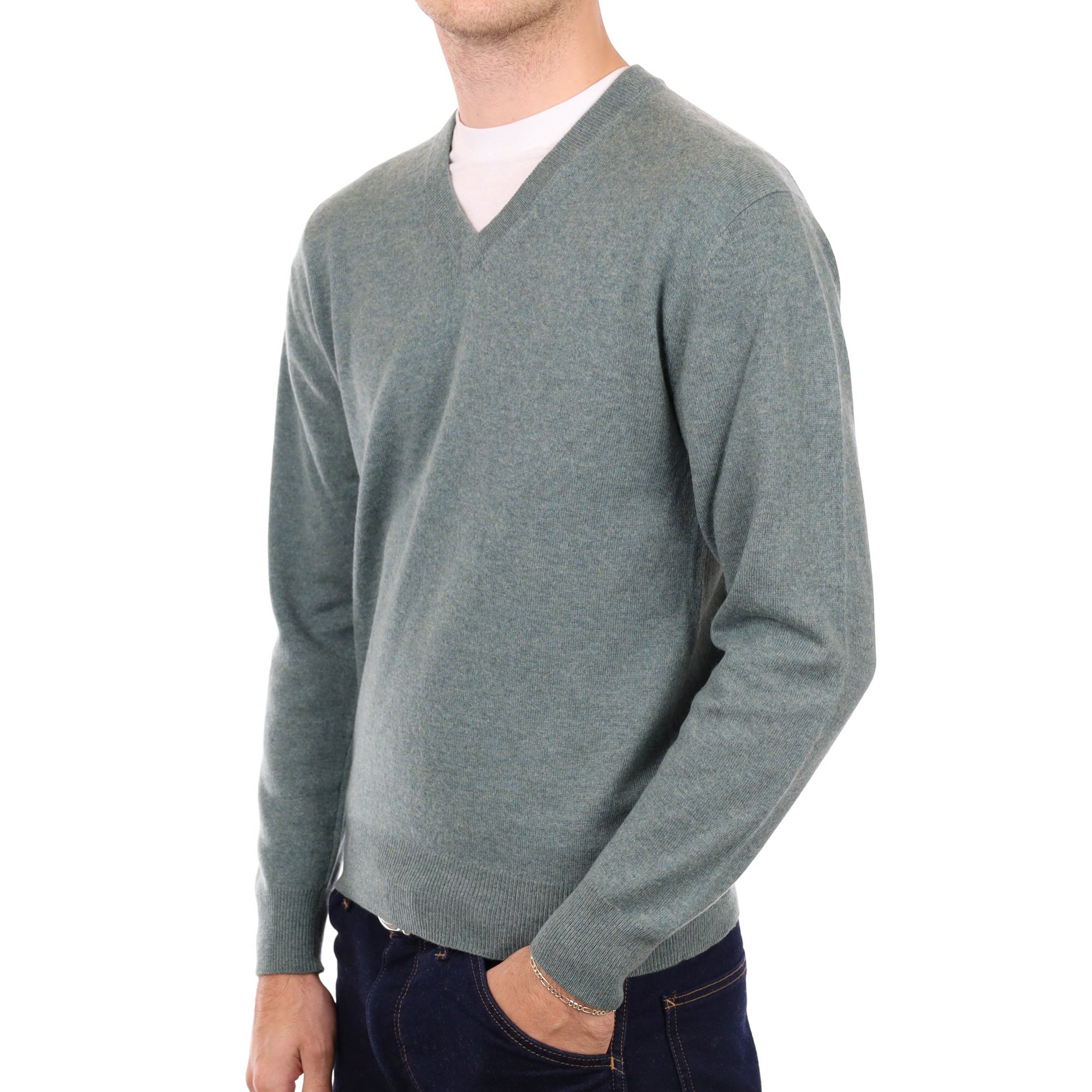 Men's Everglade Green Cashmere V Neck Jumper Medium