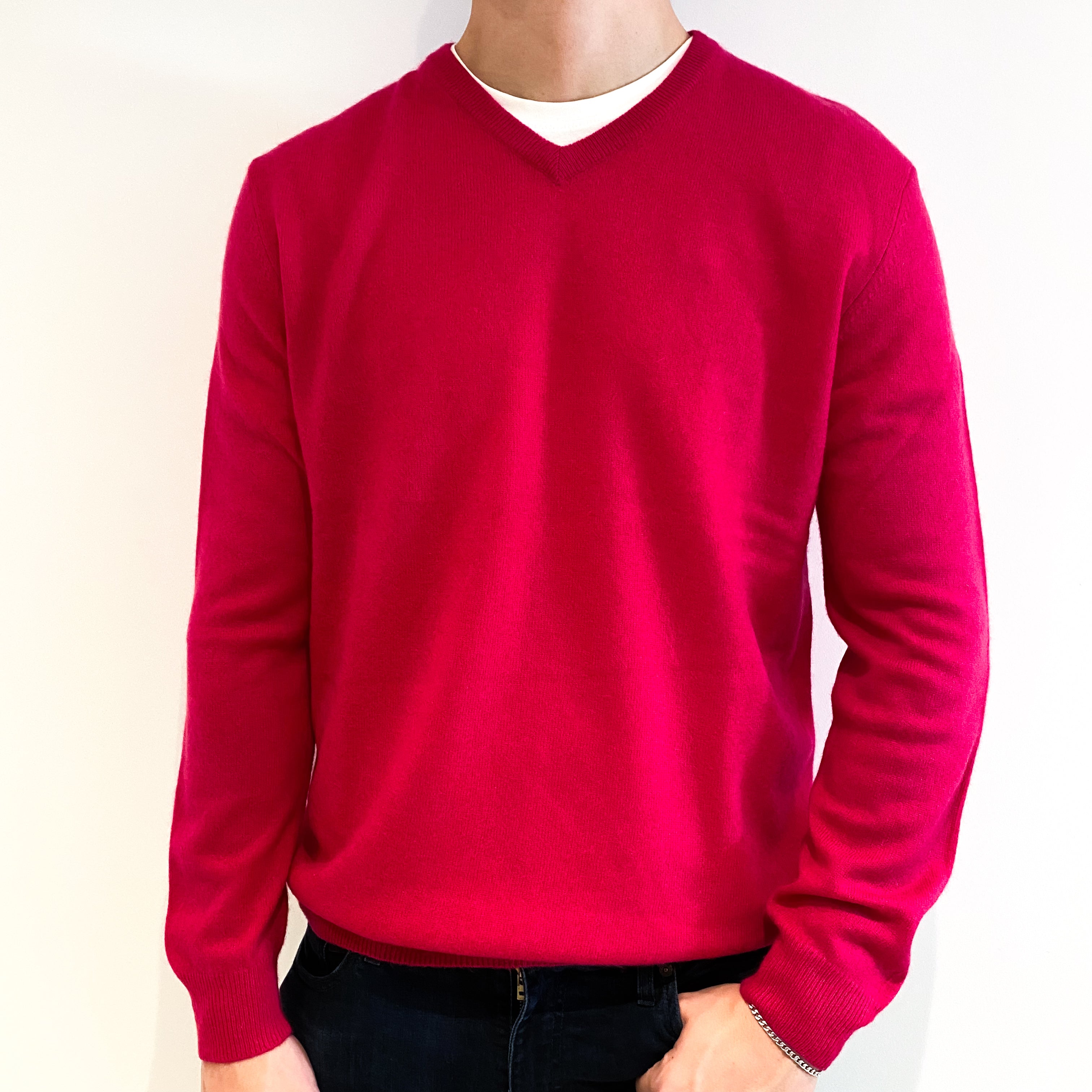 Men's Cherry Pink Cashmere V-Neck Jumper Extra Large