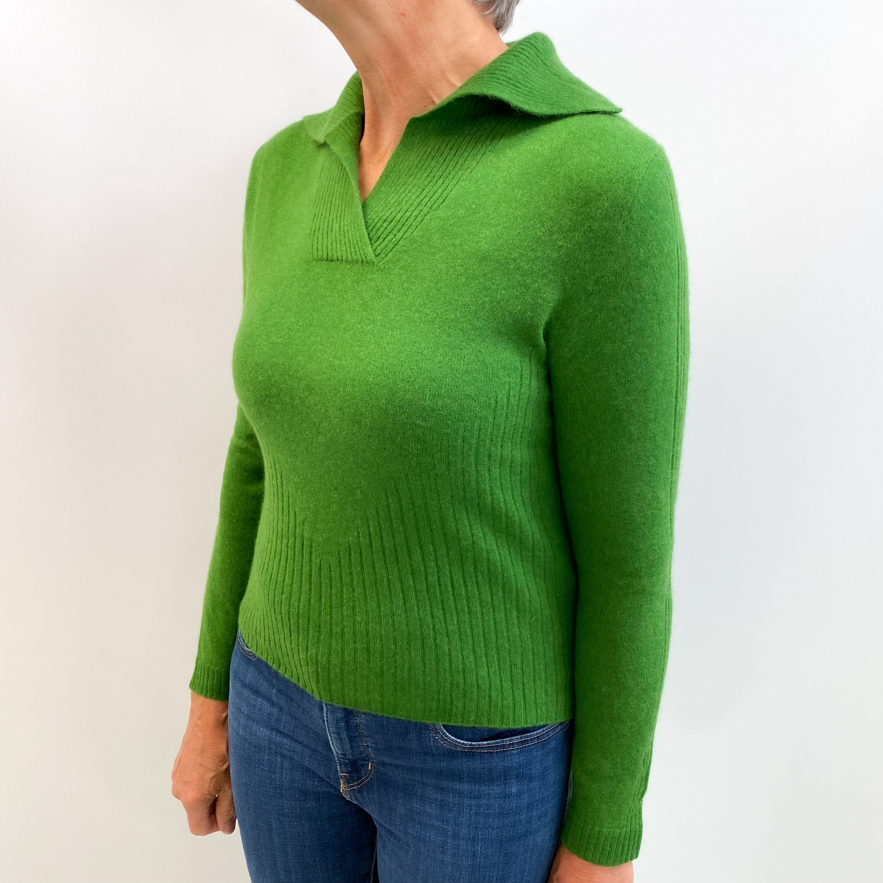Fern Green Cashmere Collared V Neck Jumper Medium
