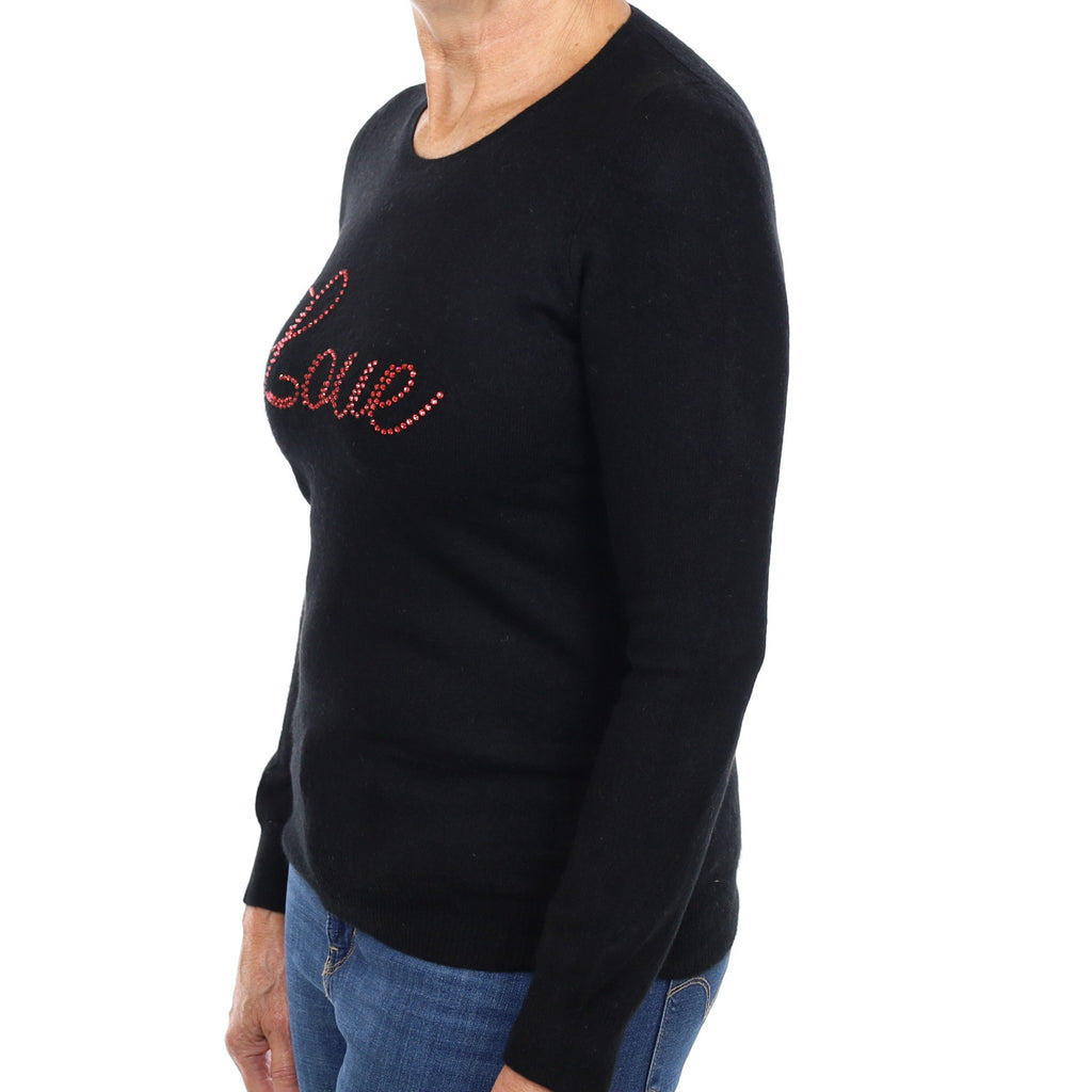 Black Slogan Embellished Cashmere Crew Neck Jumper Medium