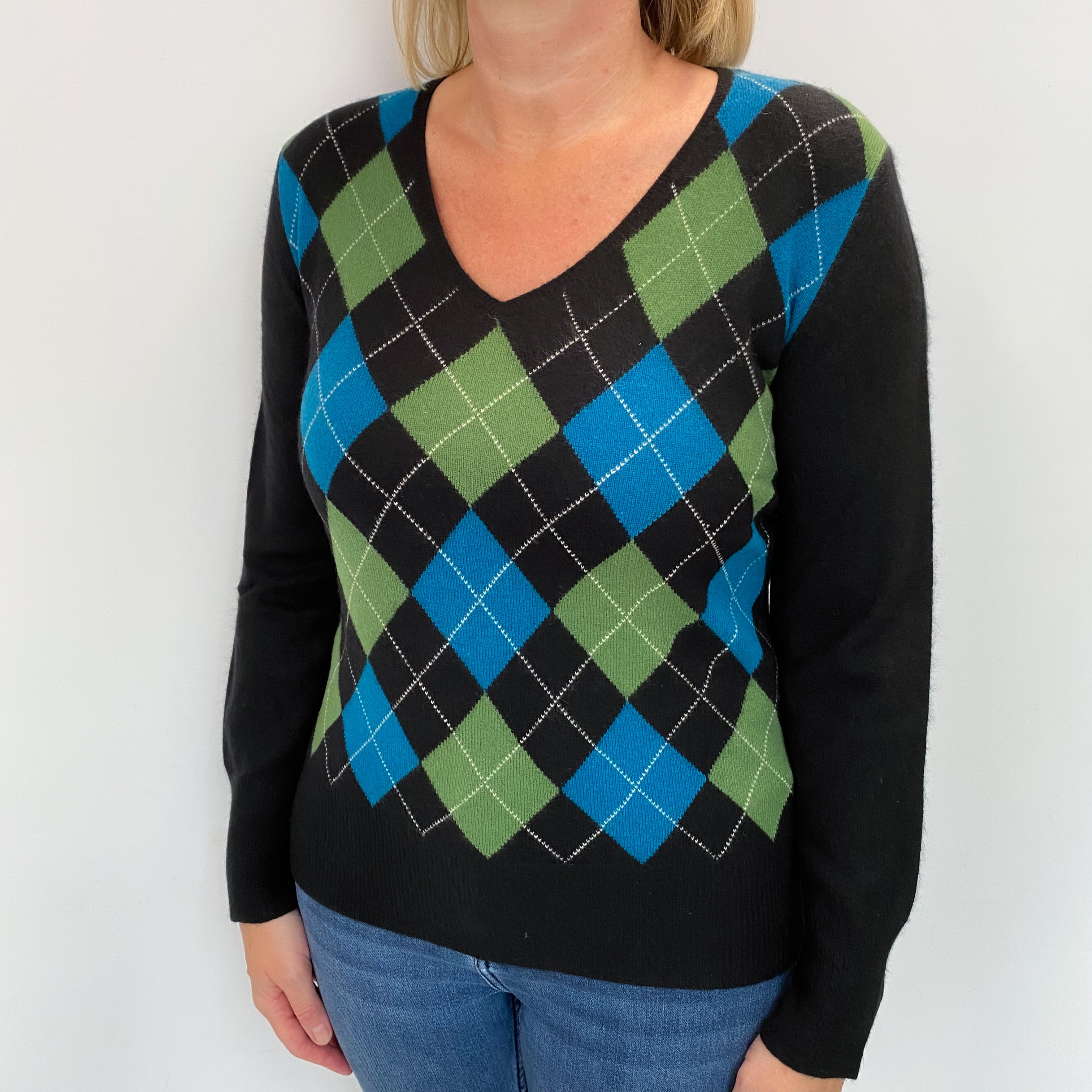 Black Argyle Cashmere V Neck Jumper Large