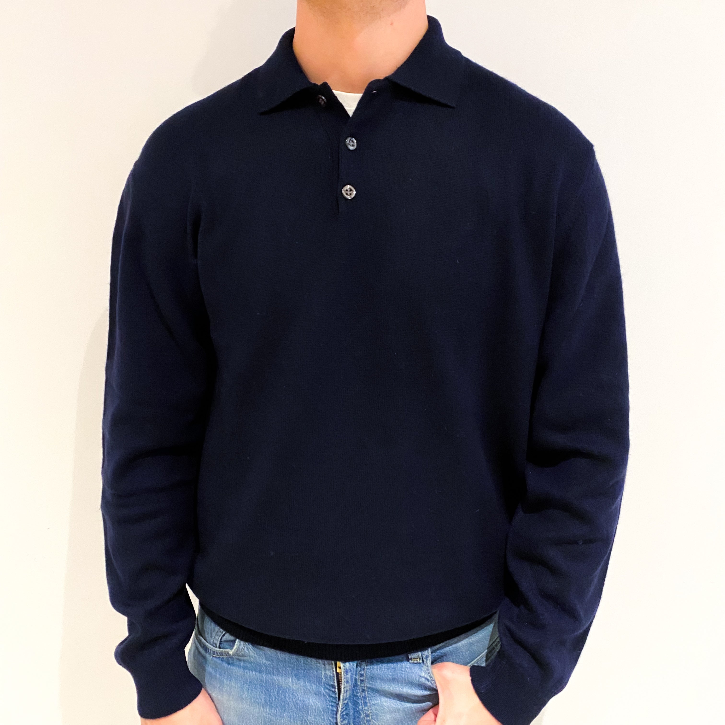 Men's Navy Blue Cashmere 1/4 Button Jumper XL