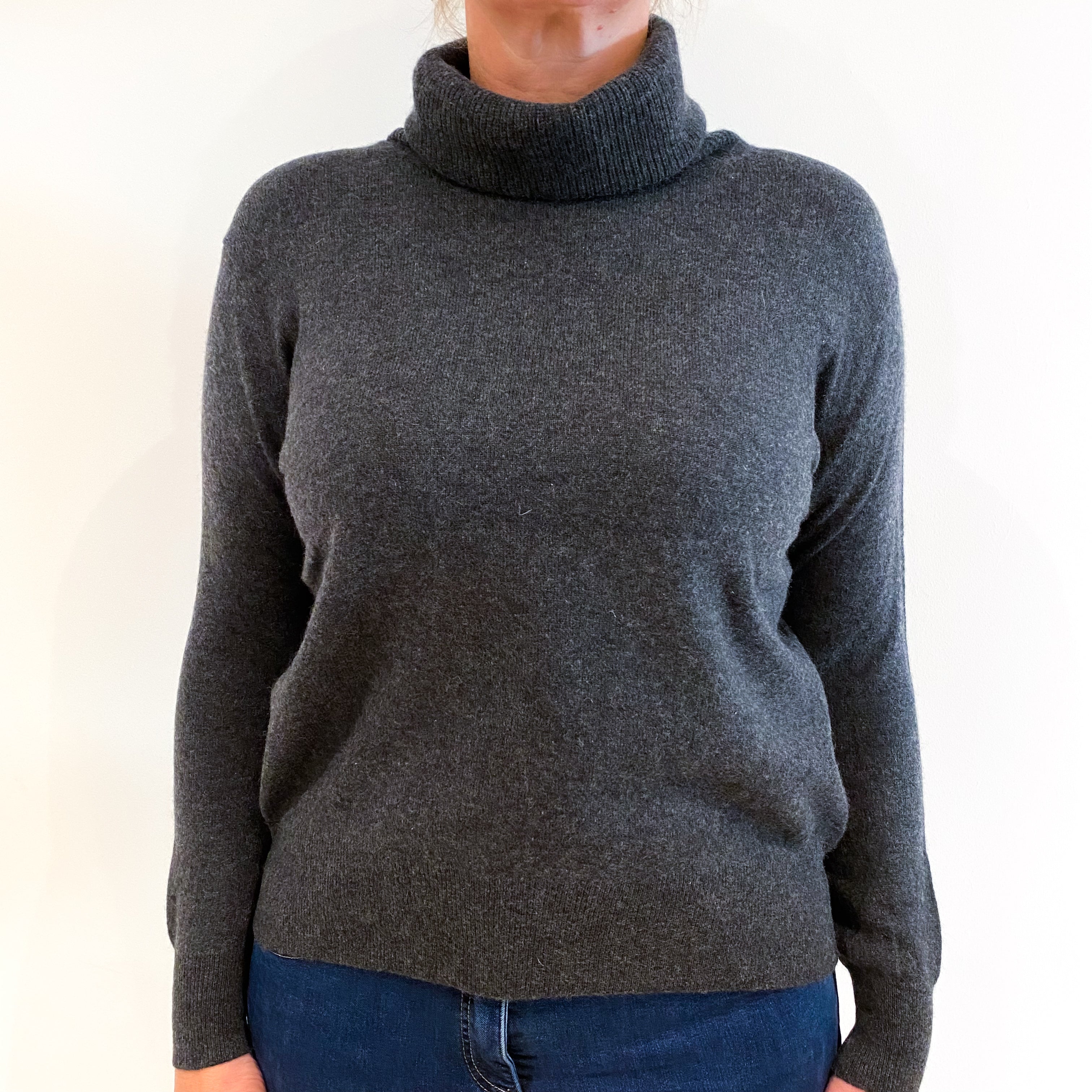 Charcoal Grey Cashmere Polo Neck Jumper Large