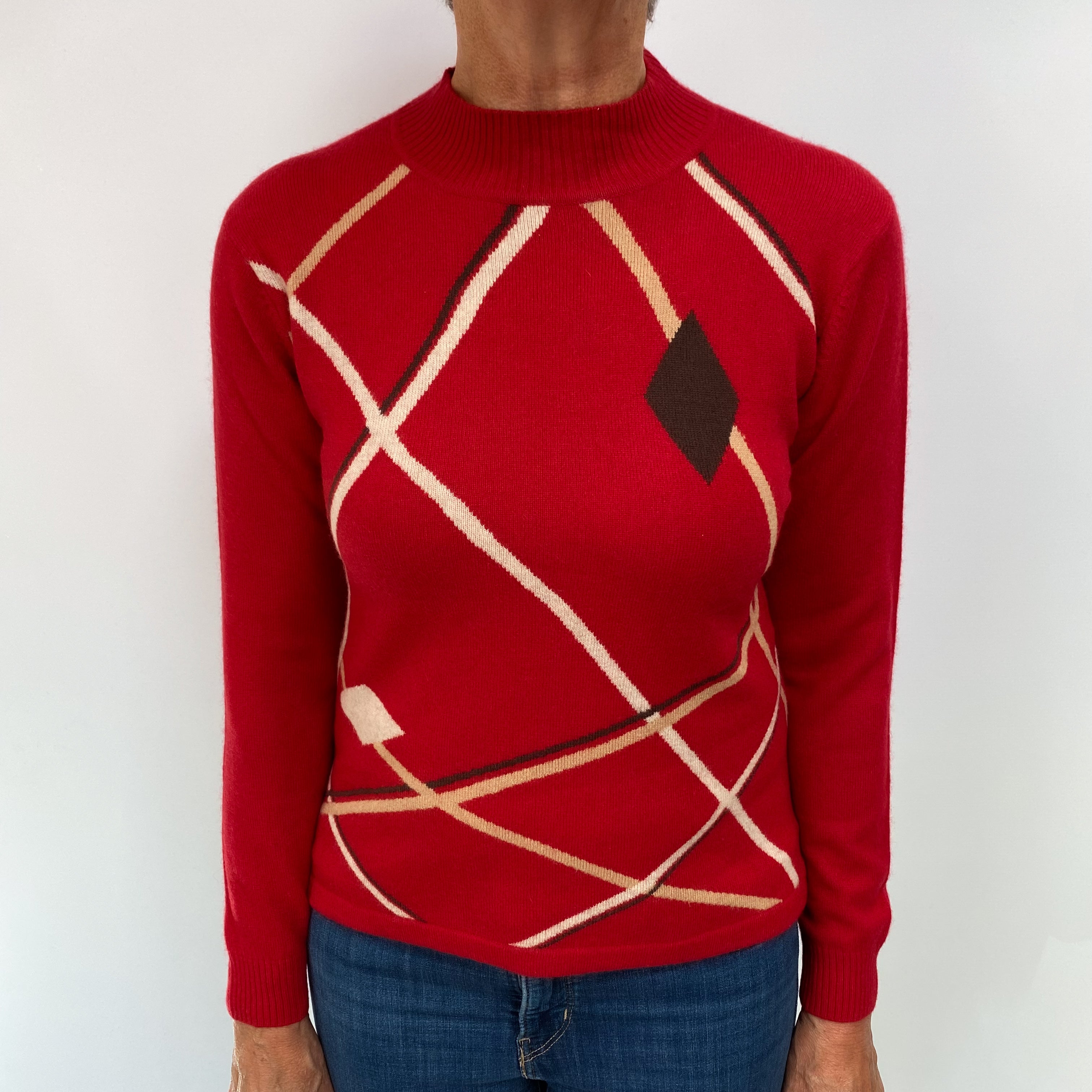 Red Patterned Cashmere Turtle Neck Jumper Medium