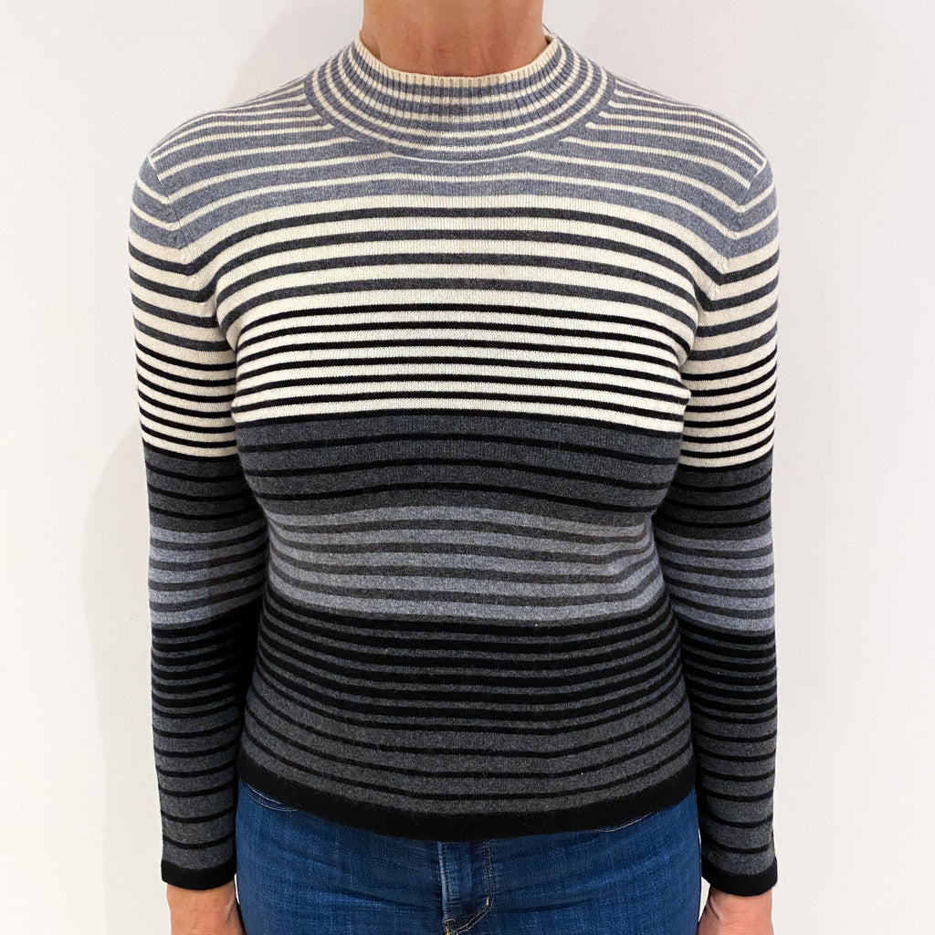 Grey Striped Cashmere Turtle Neck Jumper Medium