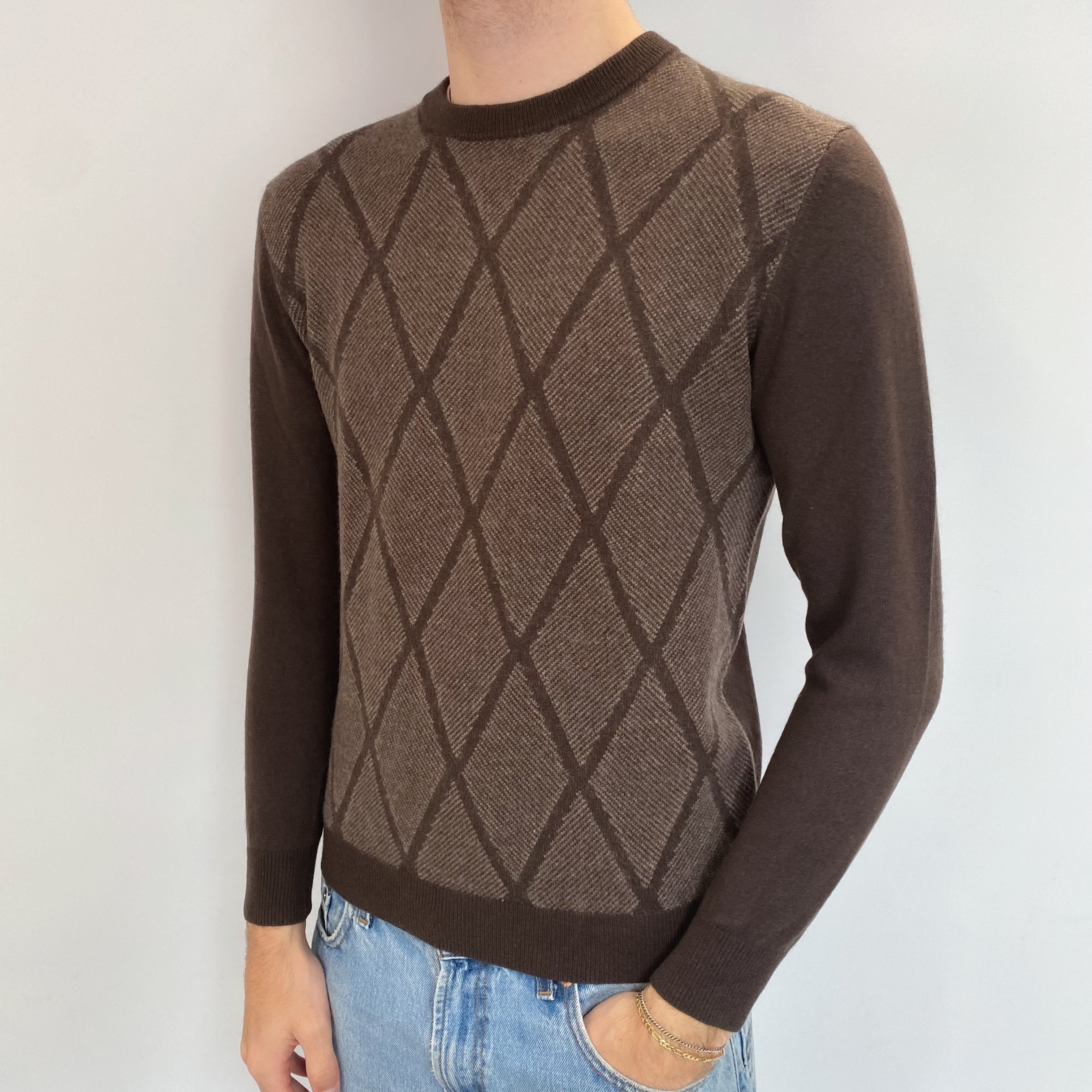 Men's Brown Diamond Cashmere Crew Neck Jumper Medium