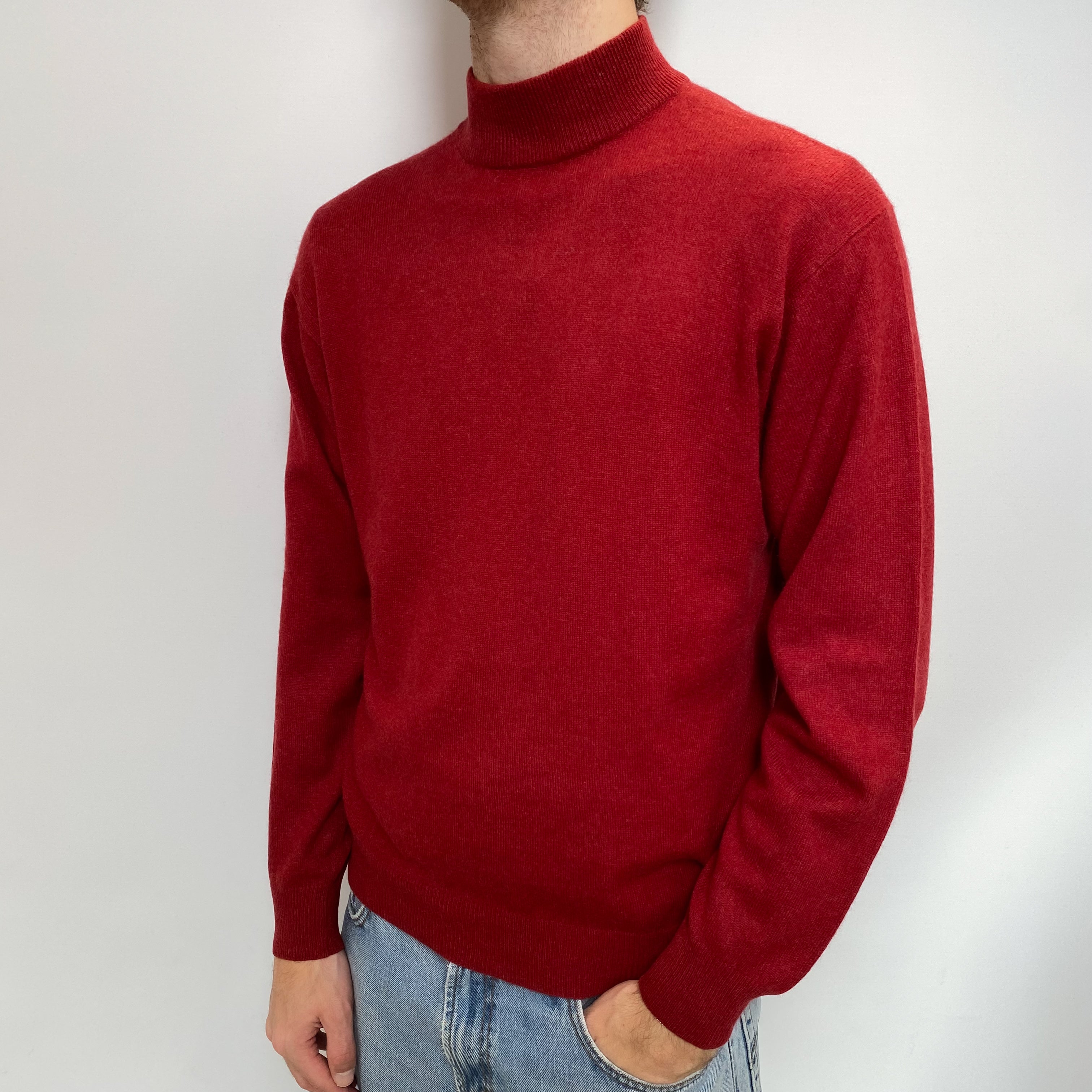 Men's Brick Red Cashmere Turtle Neck Jumper Large