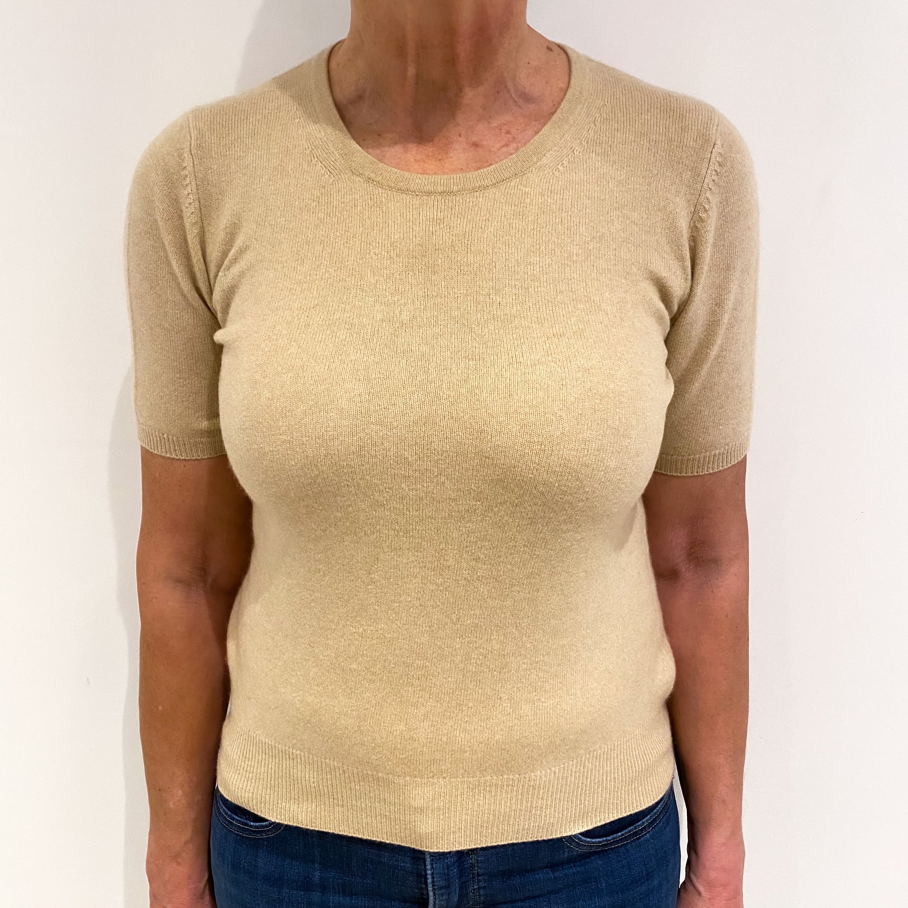 Sand Beige Cashmere Crew Neck Short Sleeved Jumper Medium
