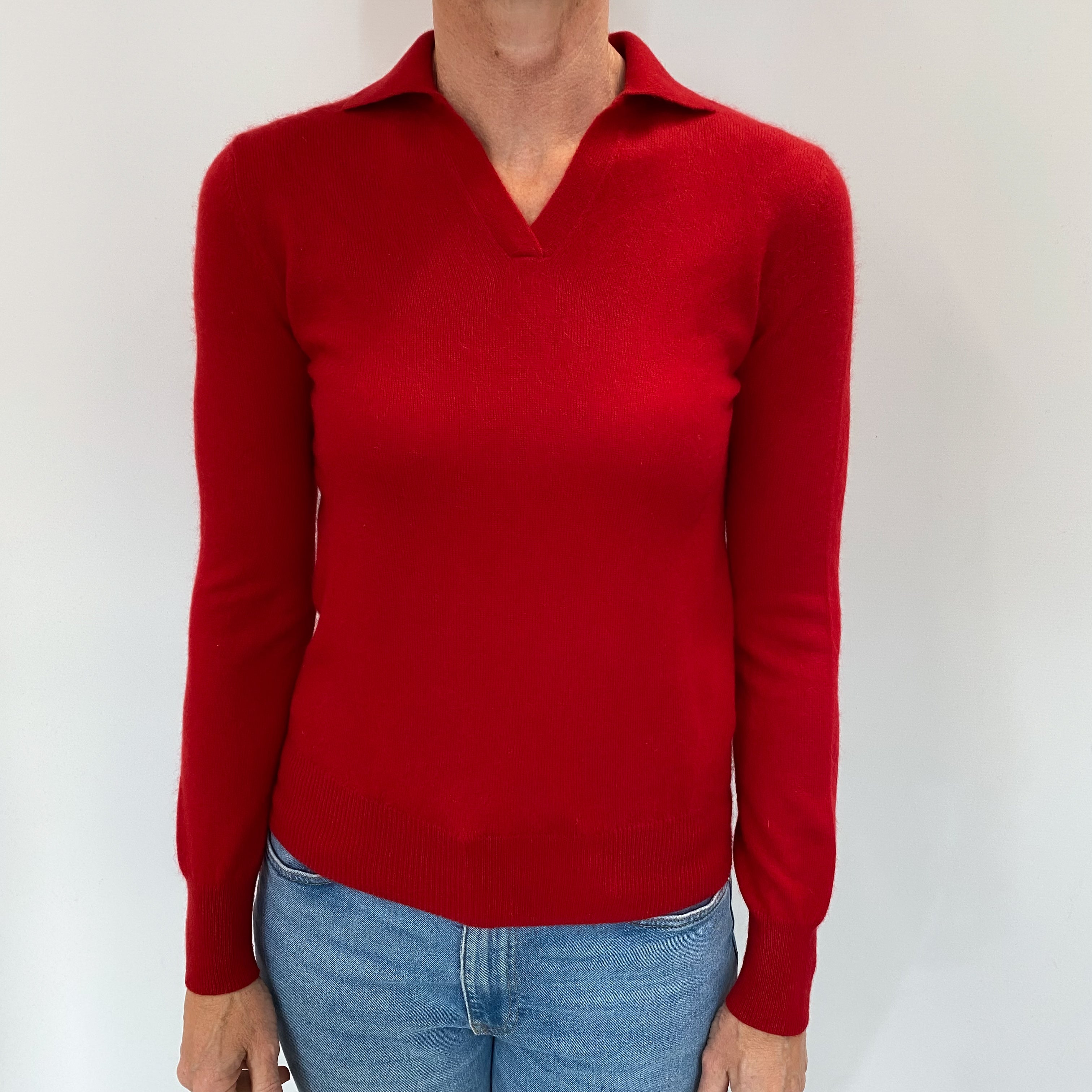 Tomato Red Cashmere Collared V Neck Jumper Small