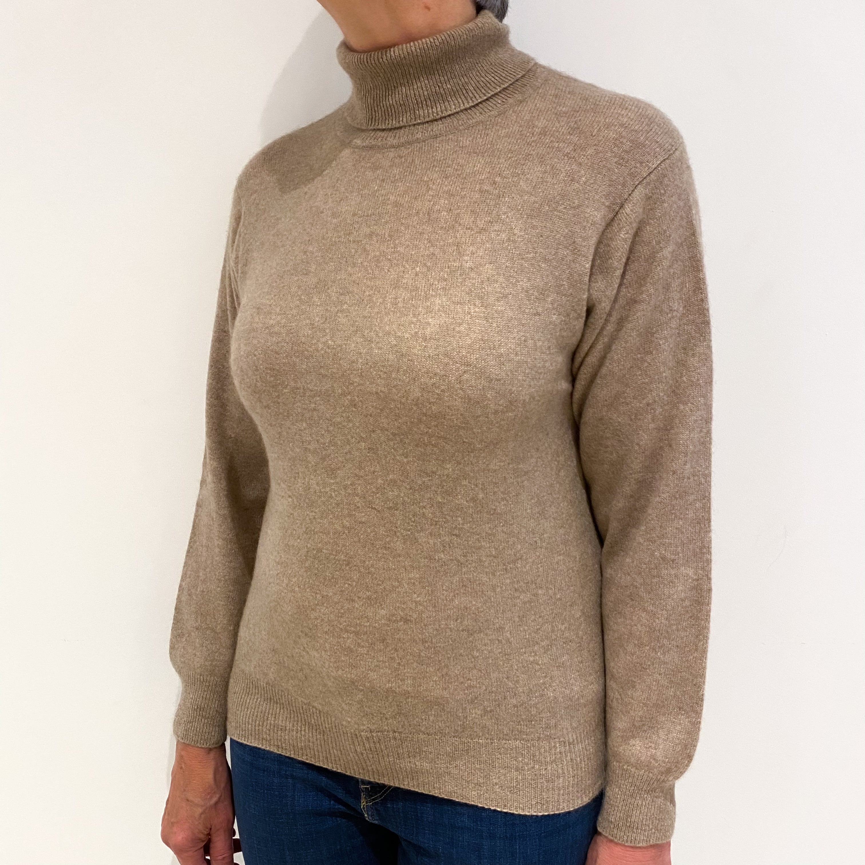 Biscuit Brown Cashmere Polo Neck Jumper Medium