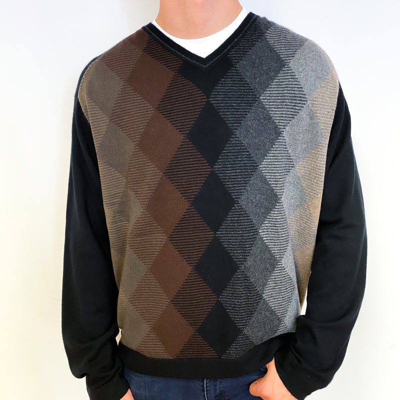 Men's Black Brown Diamond Cashmere V-Neck Jumper Extra Extra Large
