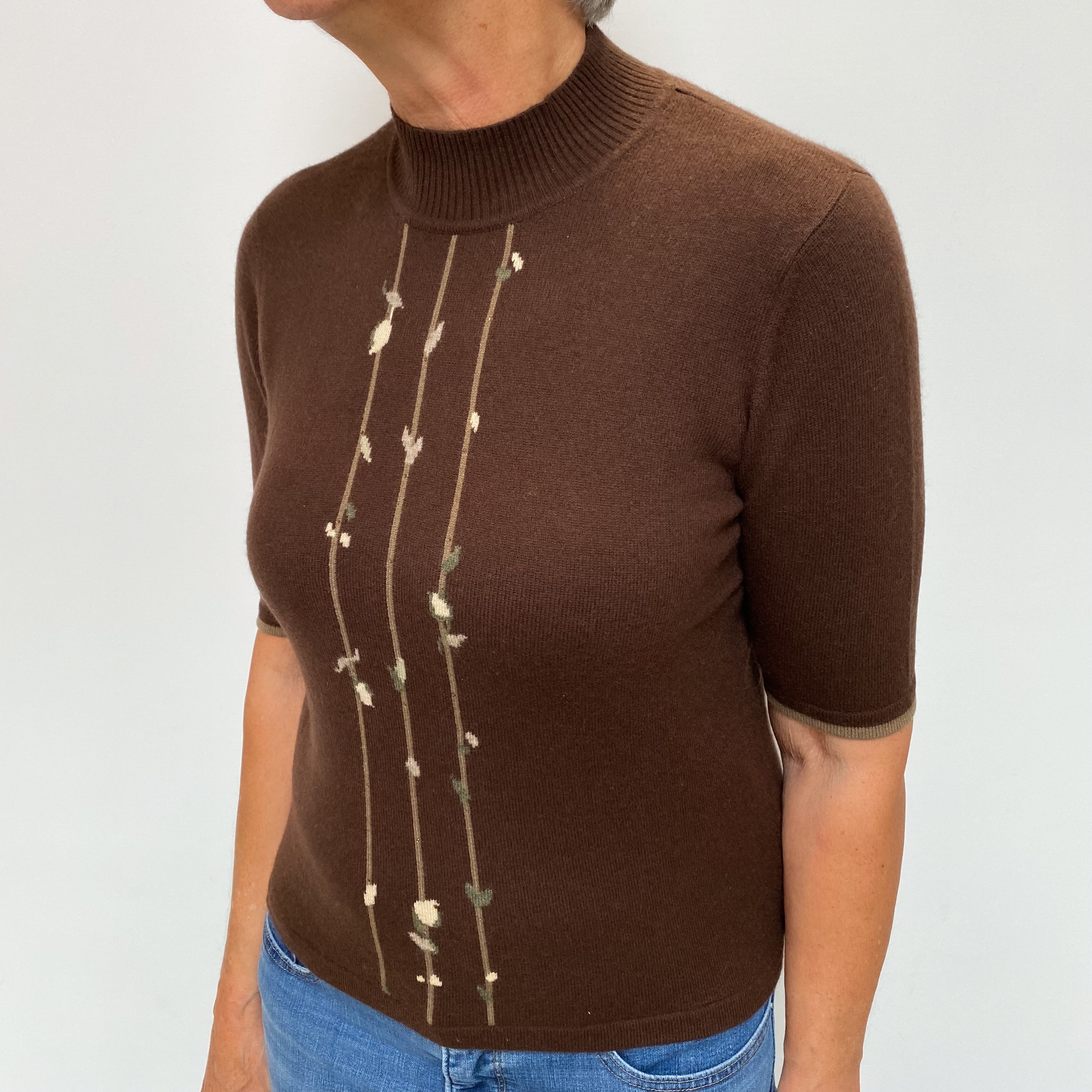 Chocolate Brown Cashmere Turtle Neck Short Sleeved Jumper Medium