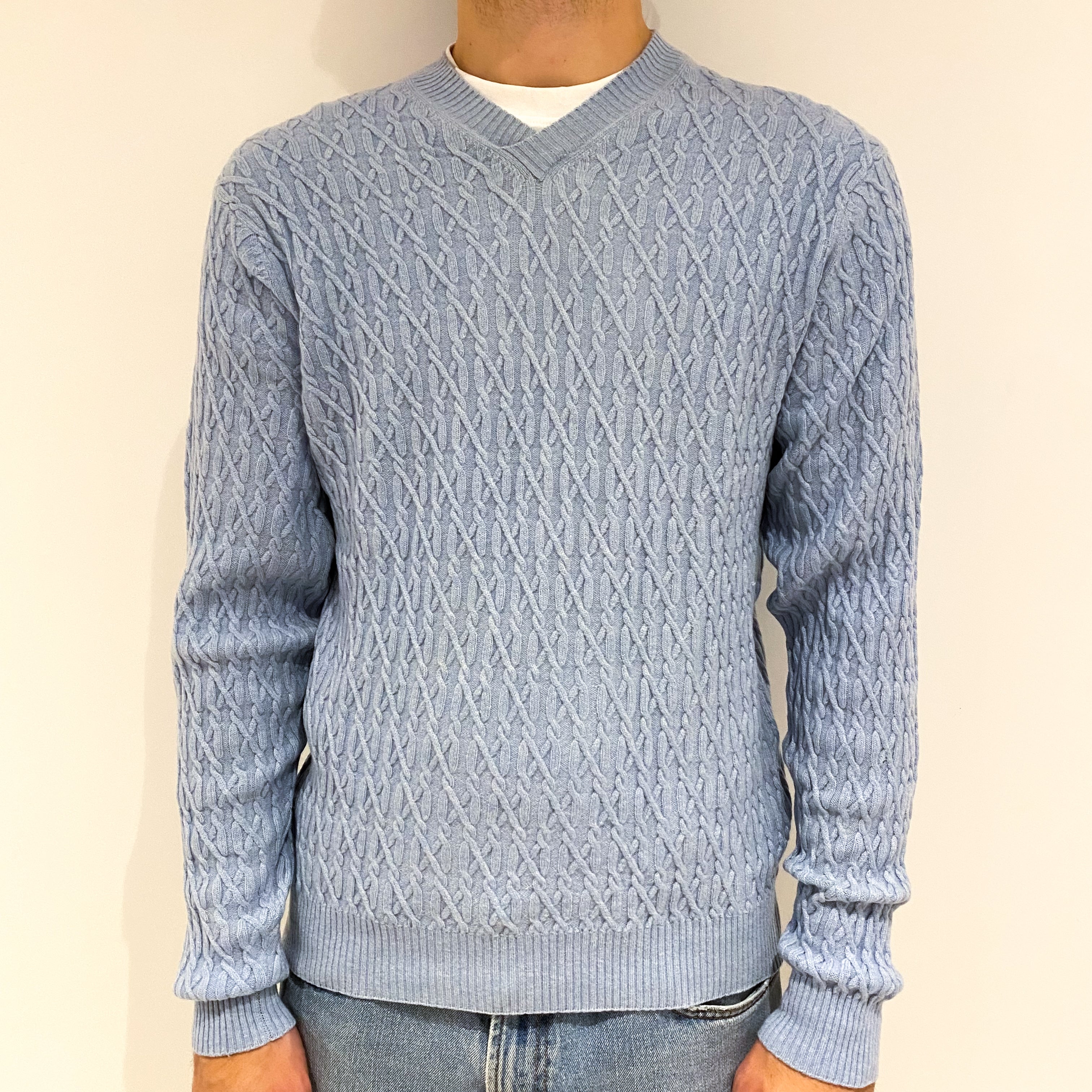 Men's Powder Blue Fancy Knit Cashmere V-Neck Jumper Large