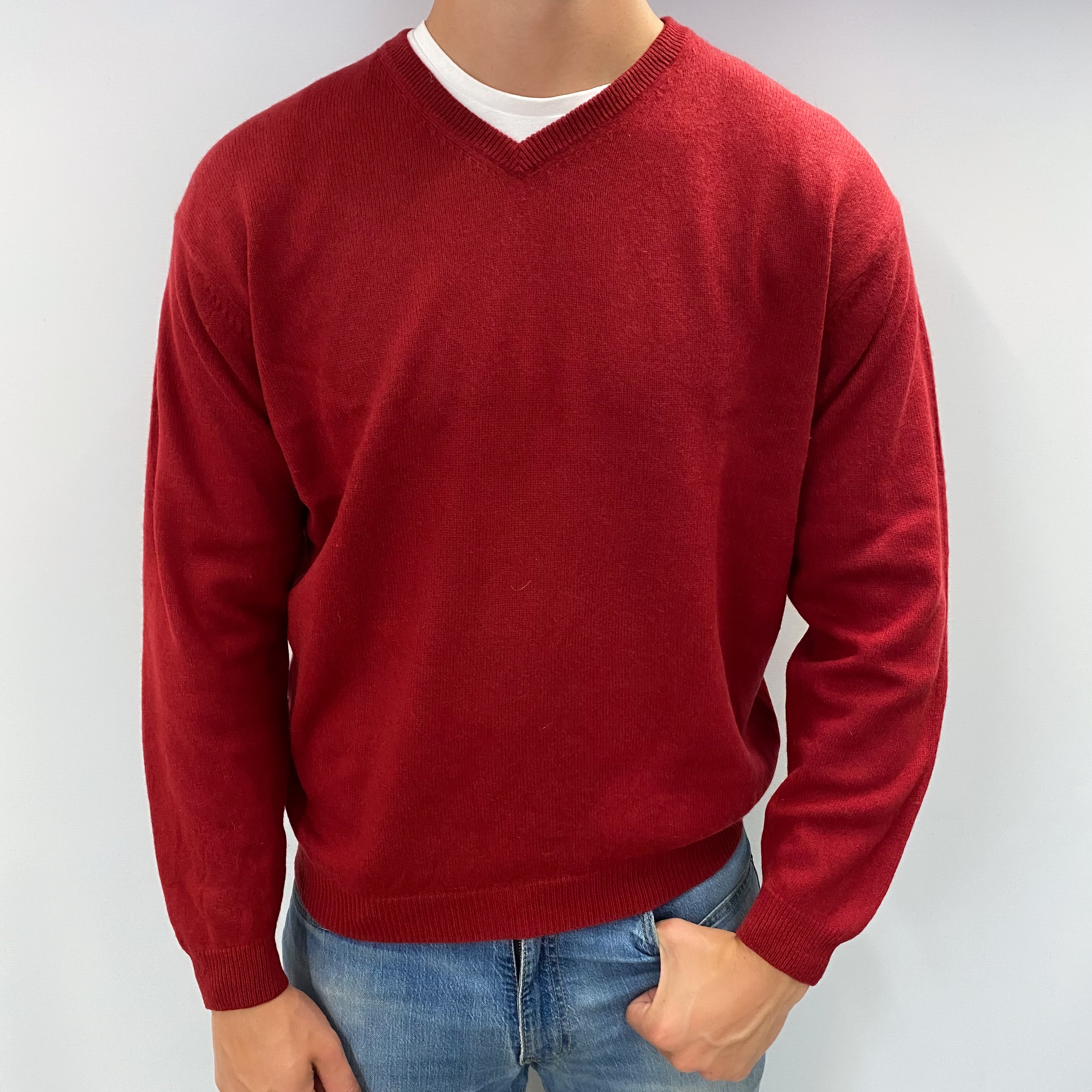 Men's Crimson Red Cashmere V Neck Jumper XL